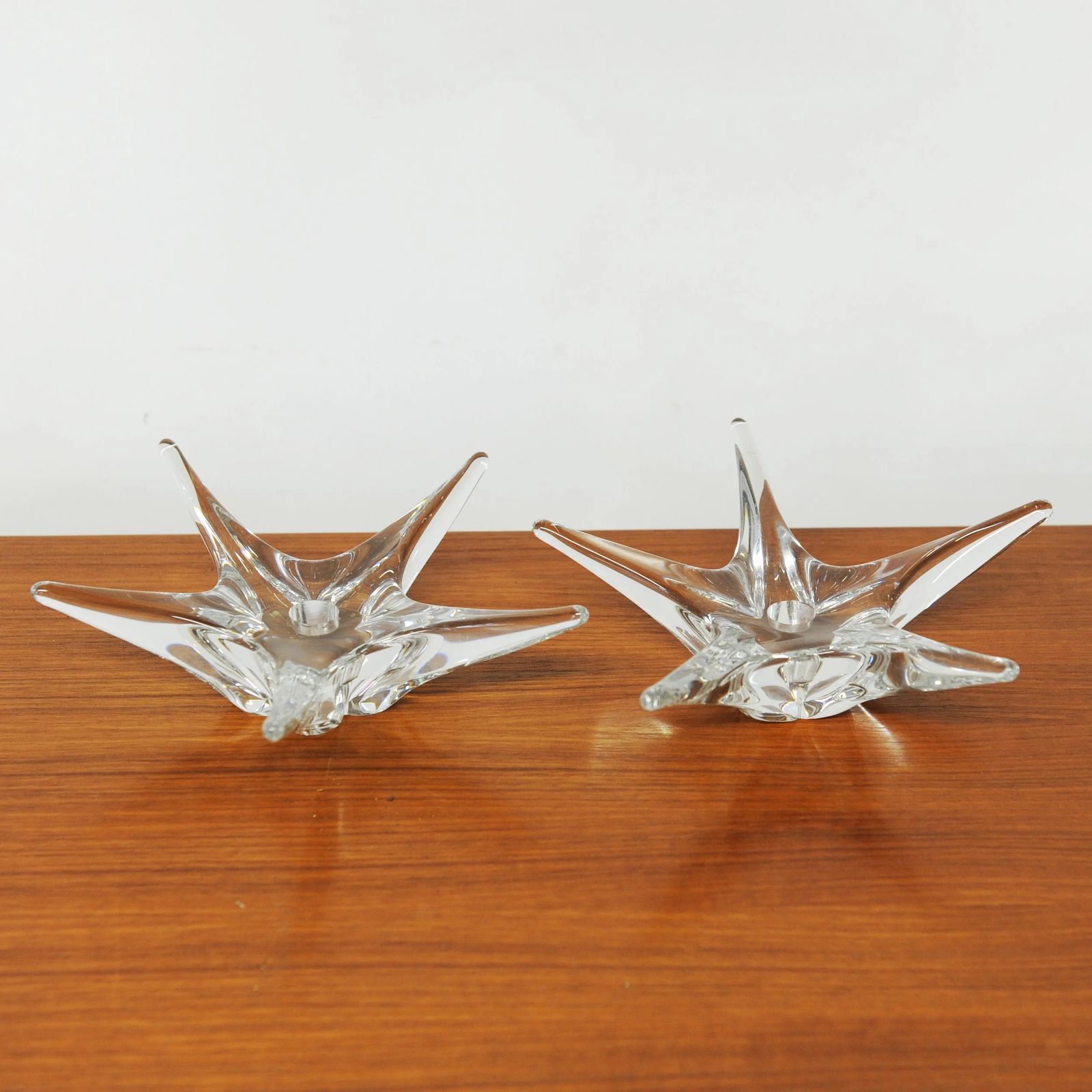 Pair Of Signed Star Shaped Crystal Candlestick Holders By Daum France, 1970s photo Home Decor