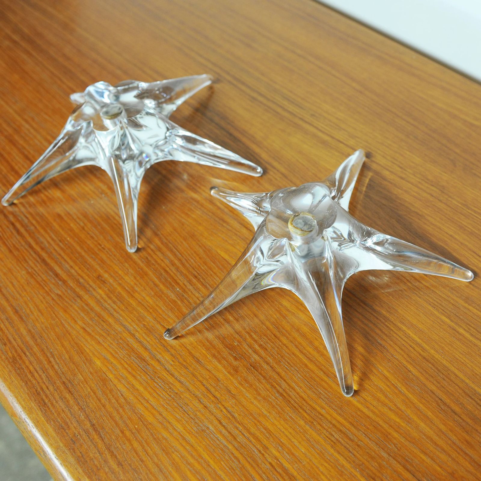 Pair Of Signed Star Shaped Crystal Candlestick Holders By Daum France, 1970s photo 155.0