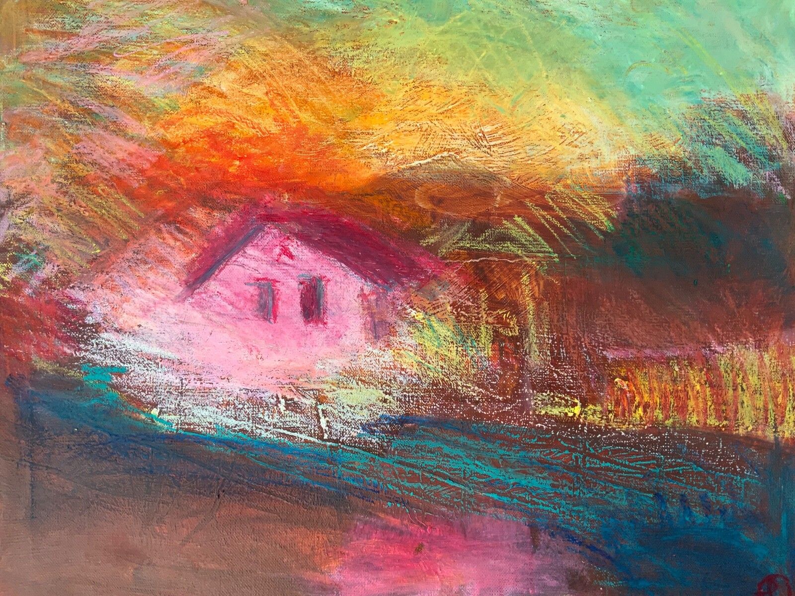 Vintage Oil Pastel Painting Landscape, “Pink House” photo vinterior