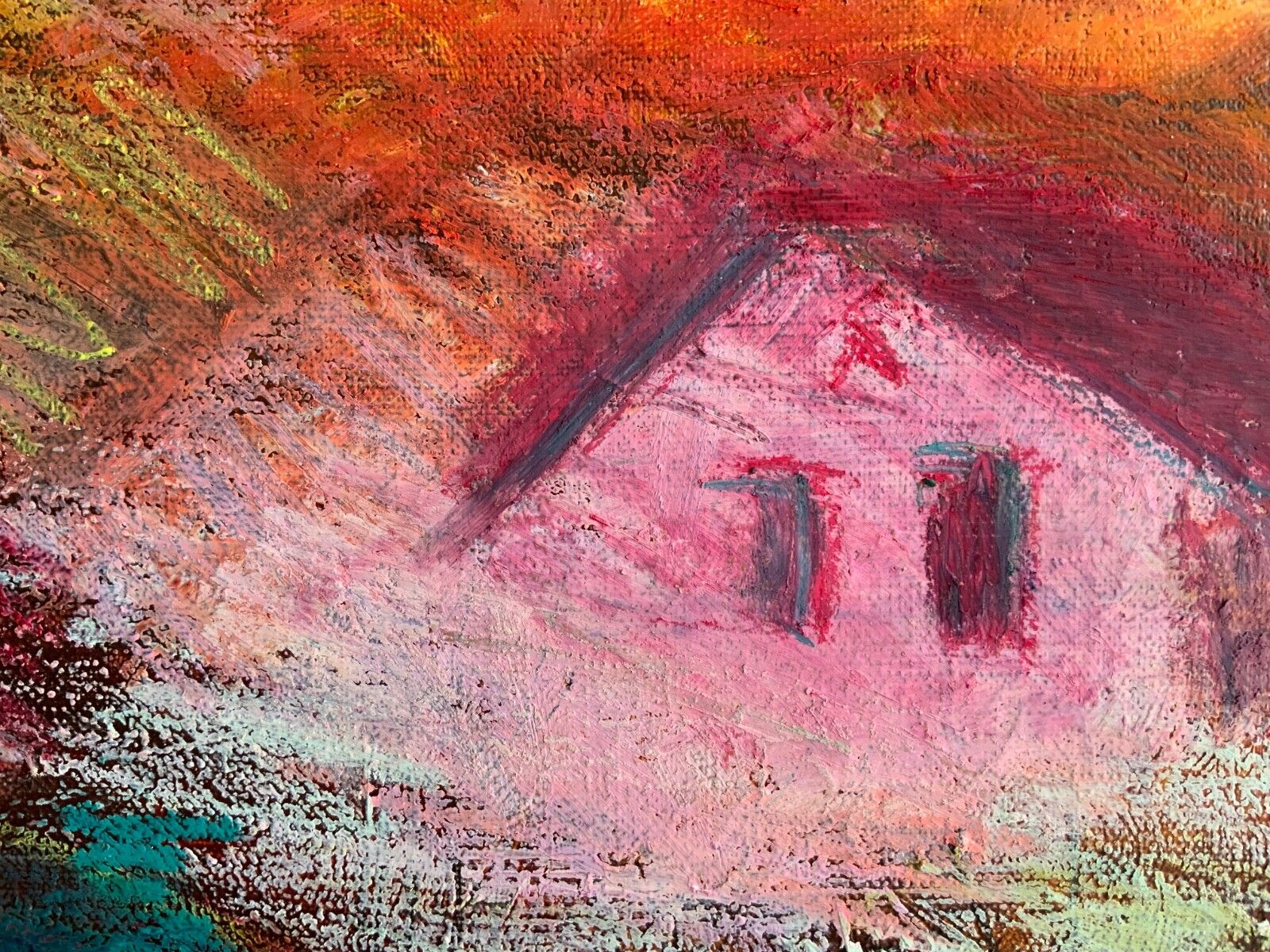photo for sale Vintage Oil Pastel Painting Landscape, “Pink House”