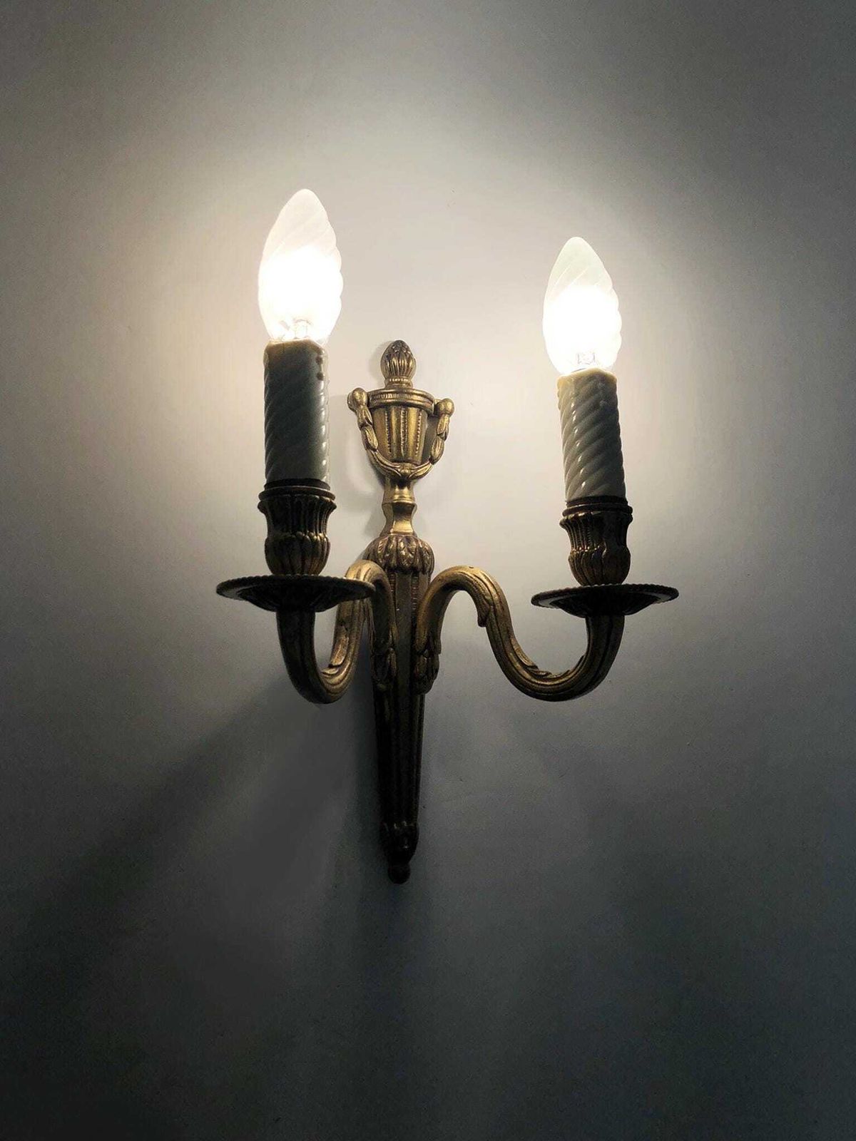 Antique Pair Of Bronze Firepot Wall Sconces With Two Candles. photo furniture