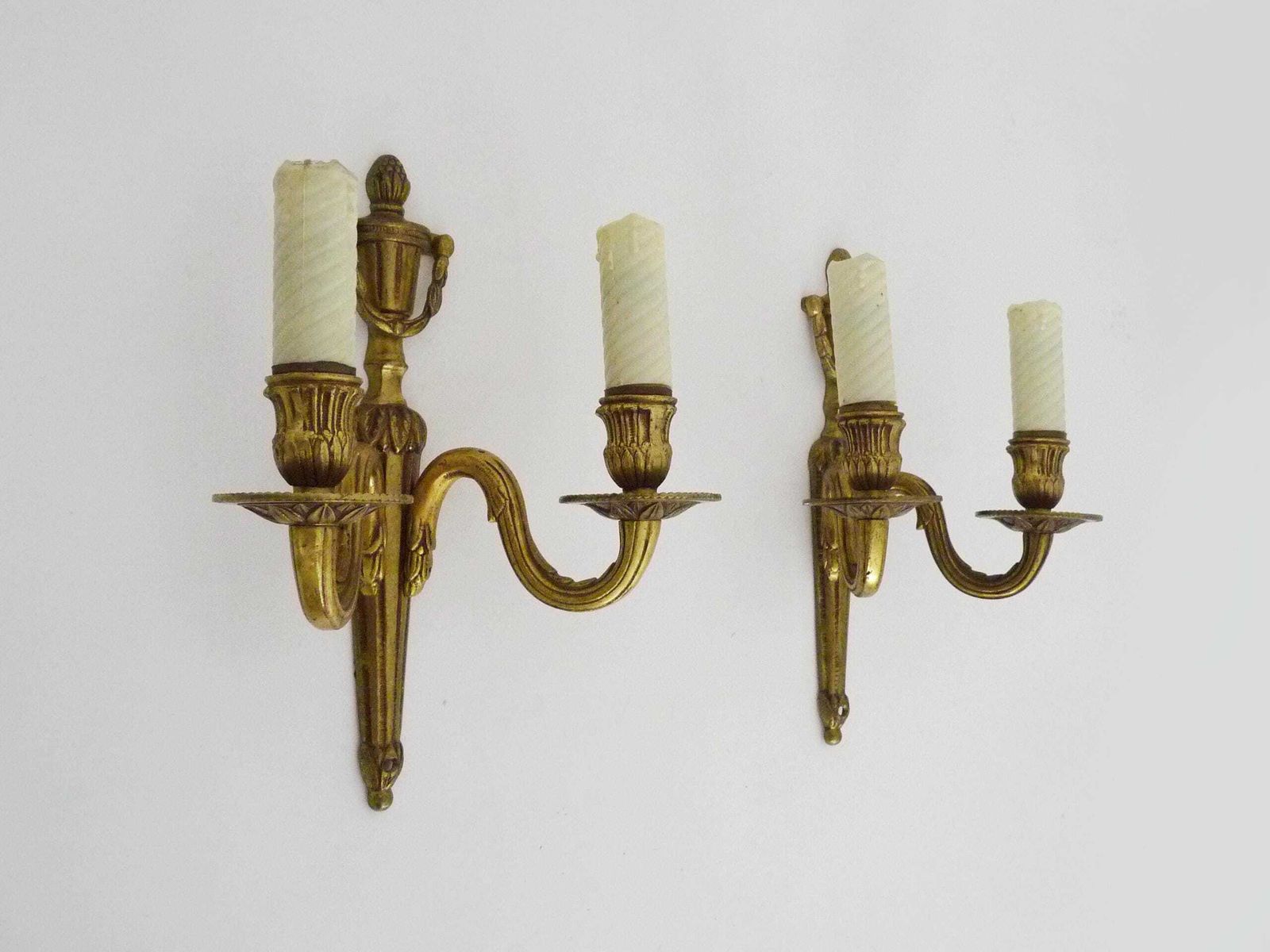 Antique Pair Of Bronze Firepot Wall Sconces With Two Candles. photo 198.0