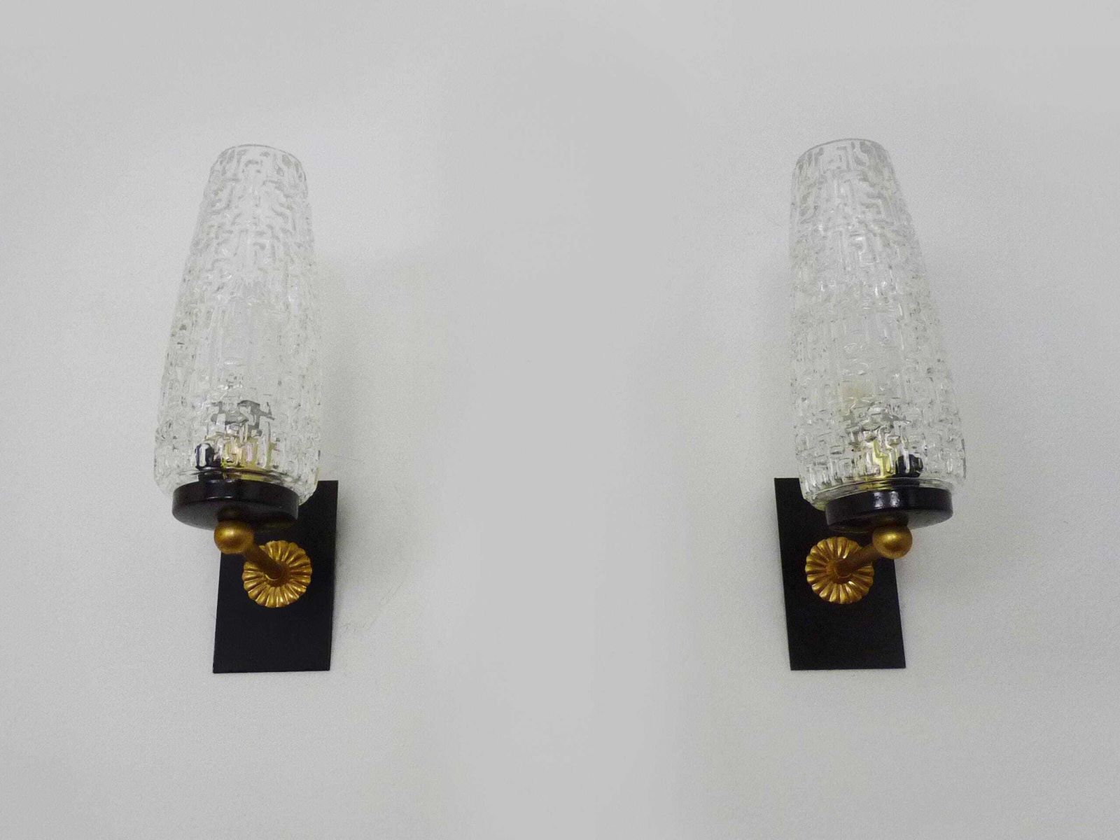 Superb Pair Of Brass Wall Sconces With Glass Globes. The Black Wall Part Is Made Of Metal. photo 195.0