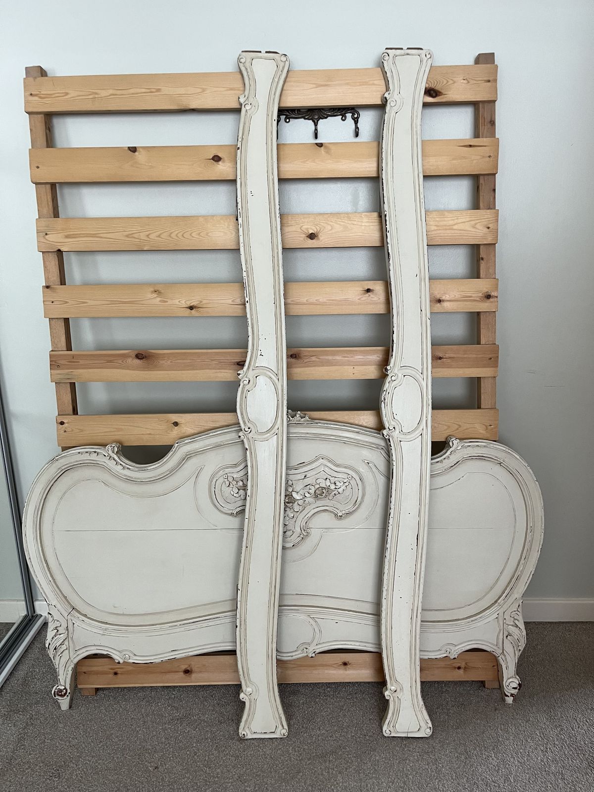 Antique French Louis XIV Style Double Bed   Cream Distressed