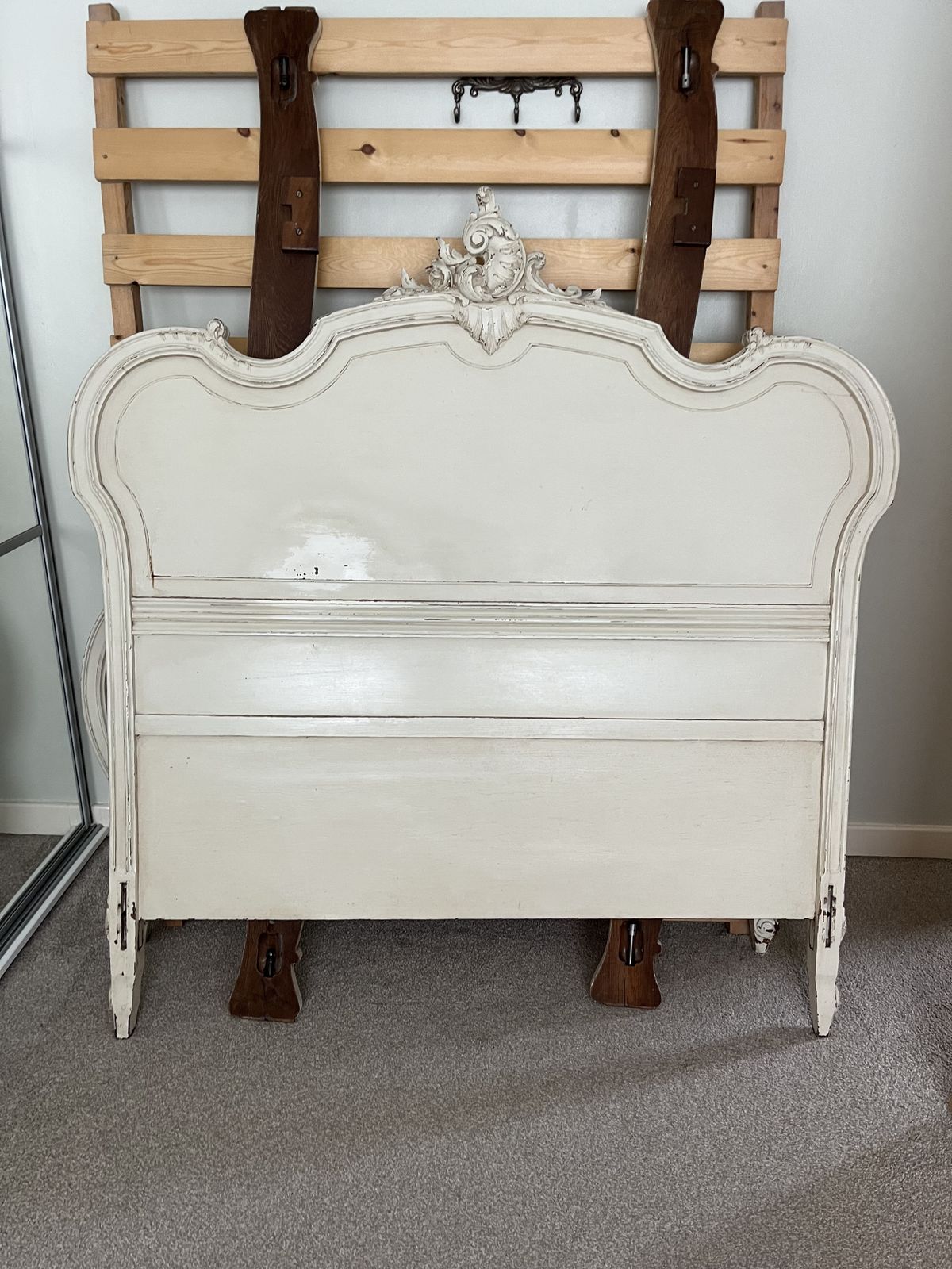 350.0 Antique French Louis XIV Style Double Bed   Cream Distressed photo