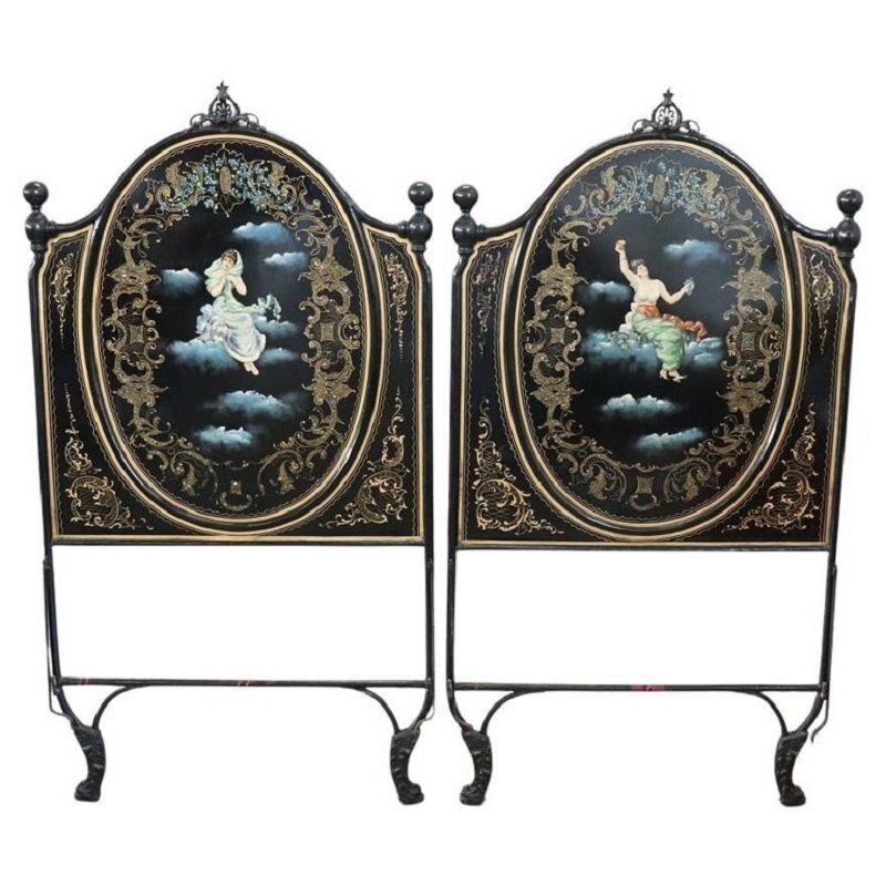 Iron Single Beds With Hand Painted Decorations, Set Of 2