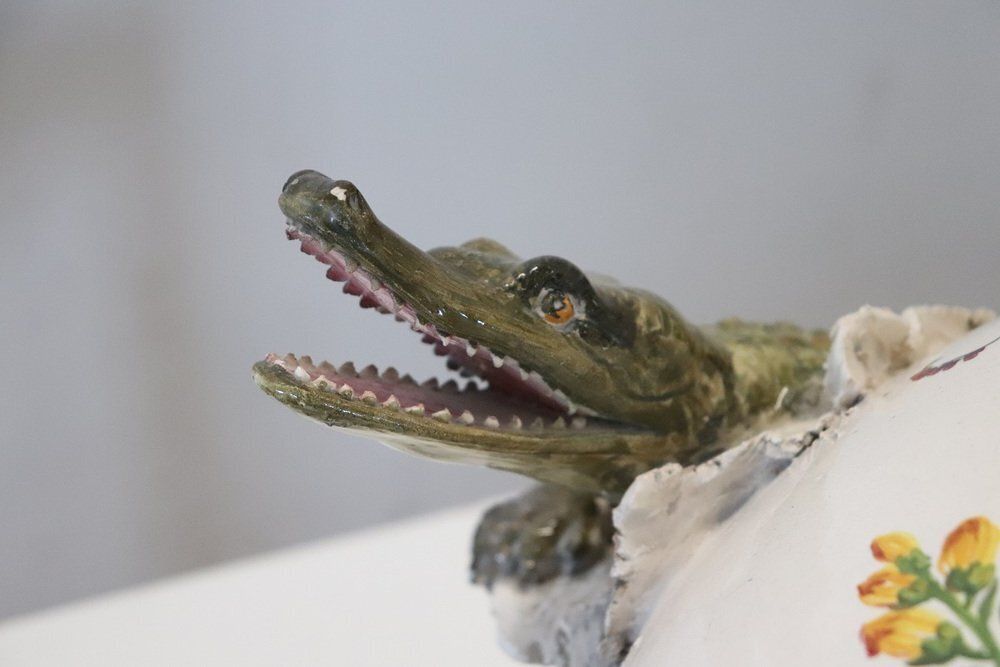 Ceramic Vase With Relief Figures Of Eagle And Crocodile, Early 20th Century photo vintage