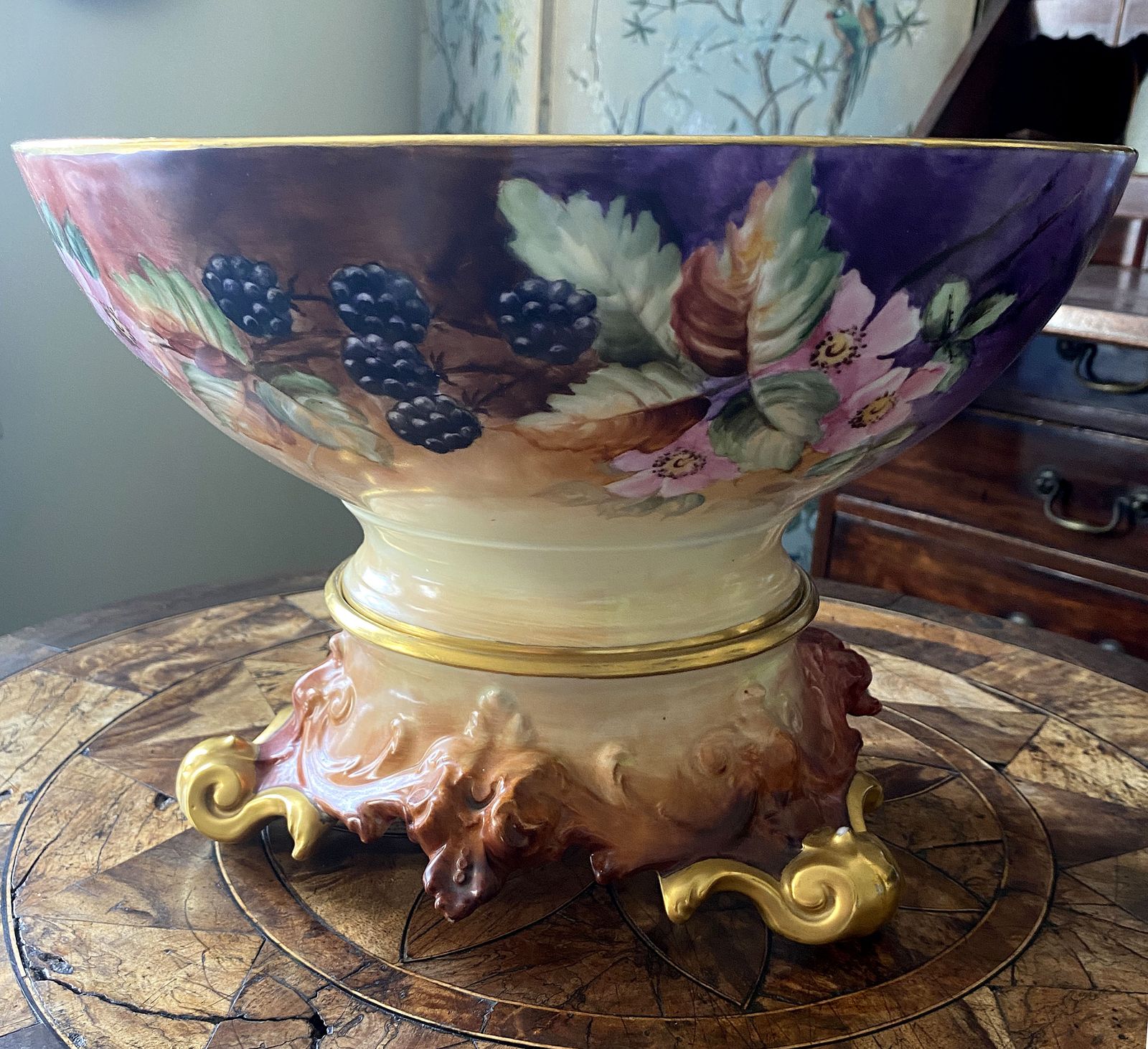 Magnificent Hand Painted, Artist Signed, Blackberries And Wild Roses, T&V Limoges French Punchbowl, 13” And Plateau photo 550.0
