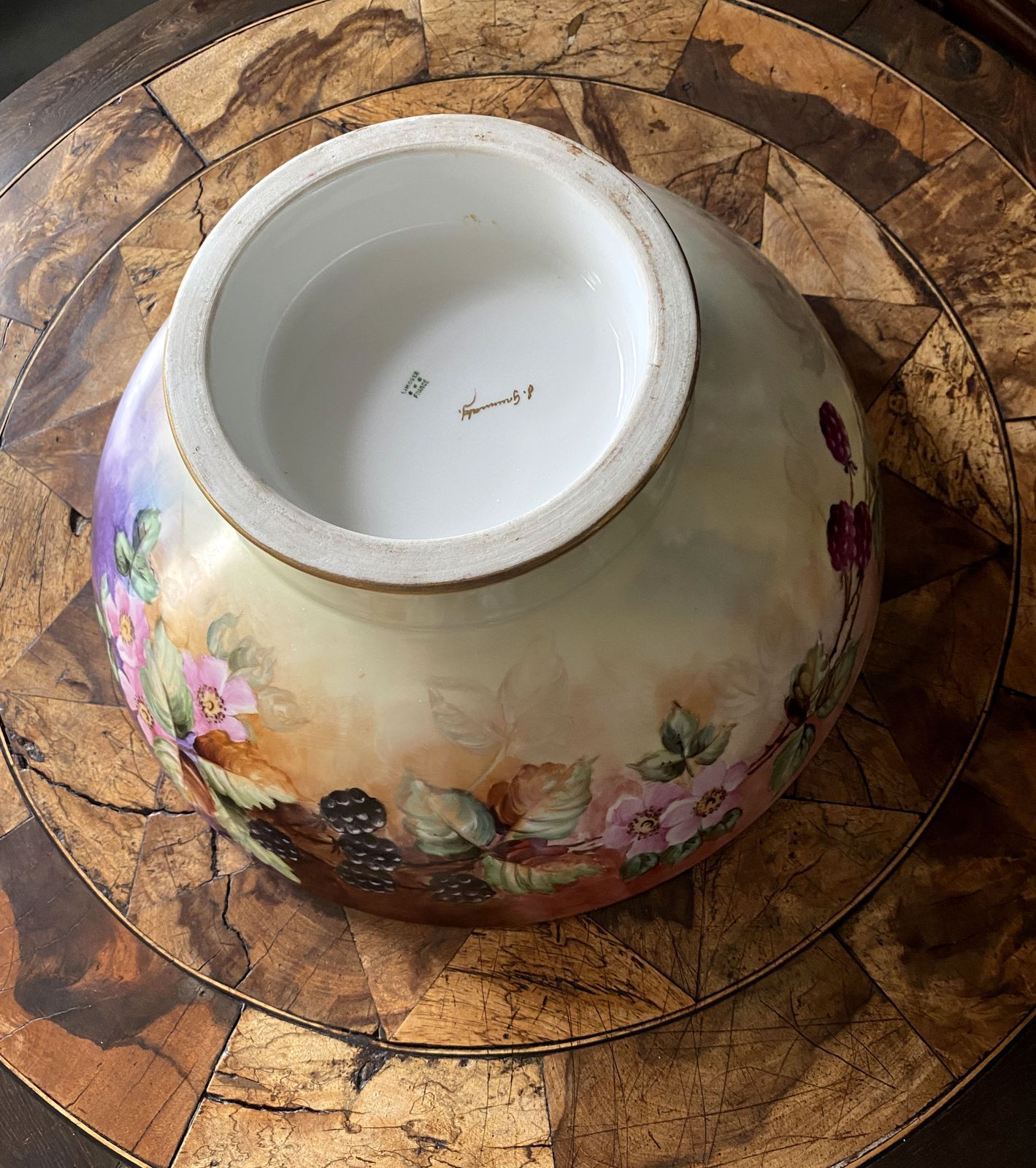 photo for sale Magnificent Hand Painted, Artist Signed, Blackberries And Wild Roses, T&V Limoges French Punchbowl, 13” And Plateau