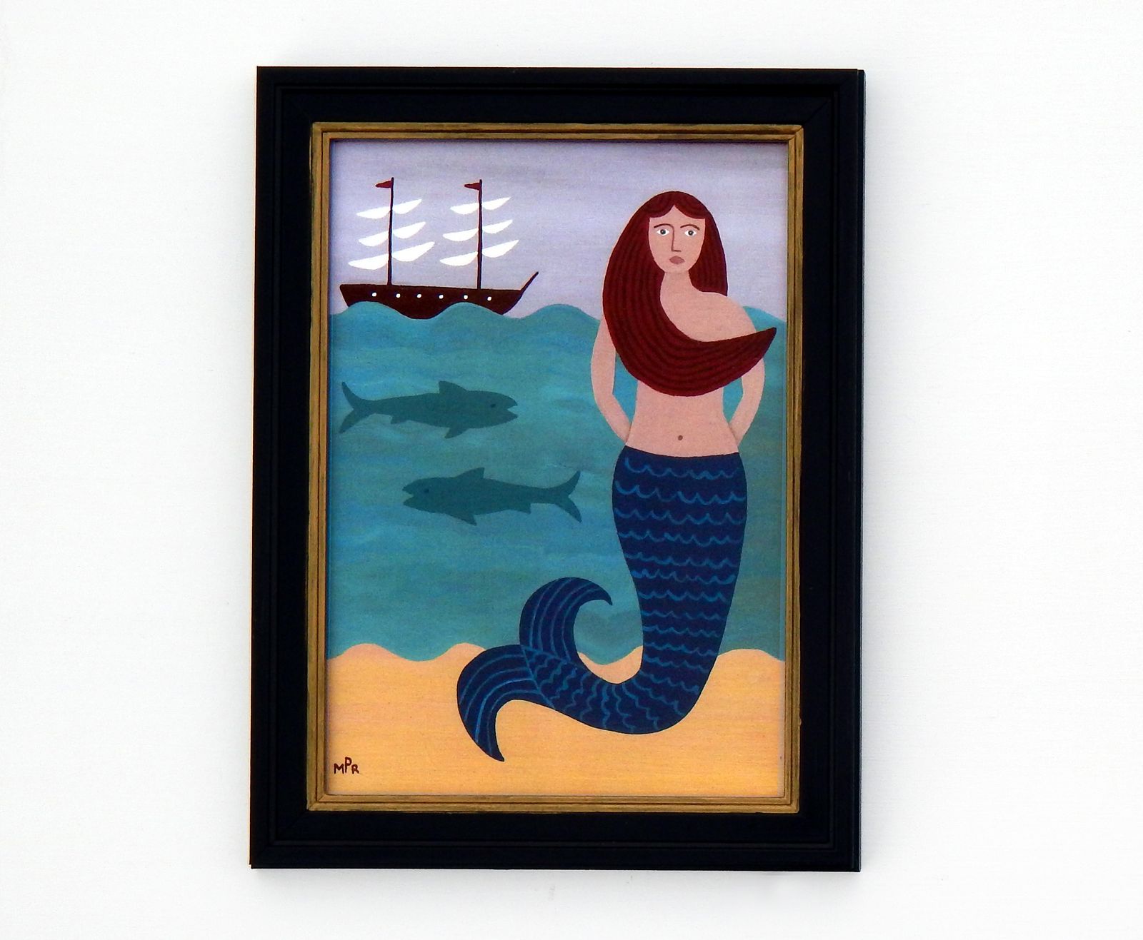 Naive Mermaid Folk Art Print With Sailboat, Ocean Waves, And Hand Painted Black Frame By Matt Rix photo 125.0