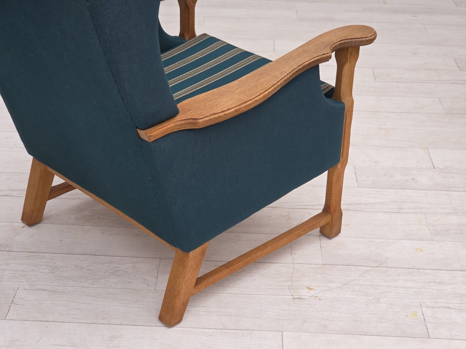 1970s, Danish Highback Armchair, Turkis Green Furniture Wool, Solid Oak Wood. photo furniture