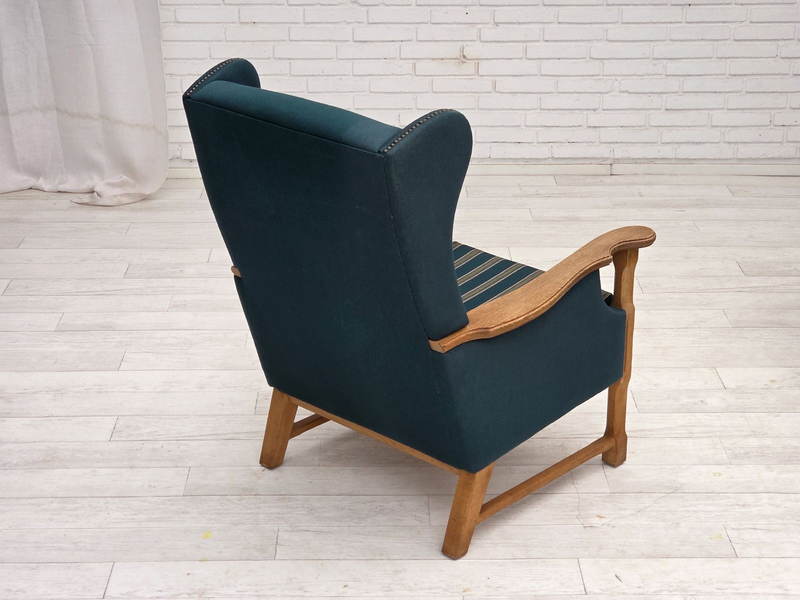 1970s, Danish Highback Armchair, Turkis Green Furniture Wool, Solid Oak Wood. photo for sale