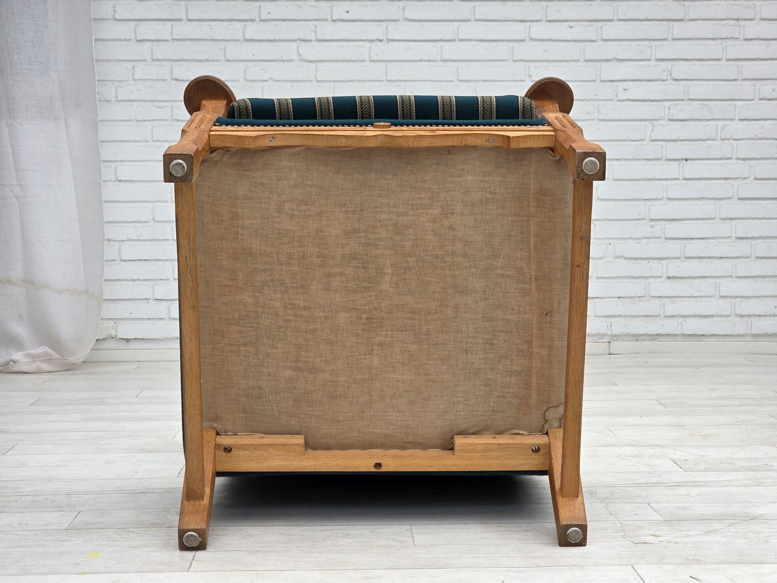 1970s, Danish Highback Armchair, Turkis Green Furniture Wool, Solid Oak Wood. photo Furniture