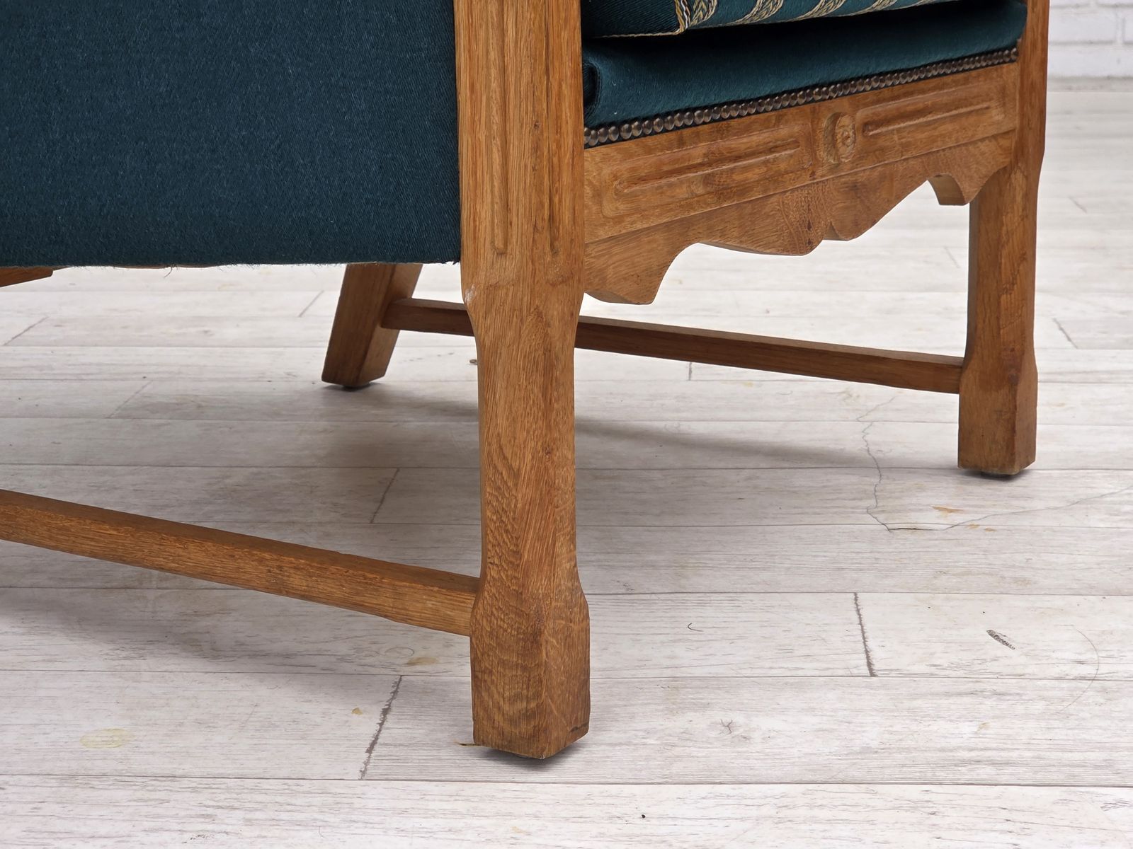 1970s, Danish Highback Armchair, Turkis Green Furniture Wool, Solid Oak Wood. photo 995.0