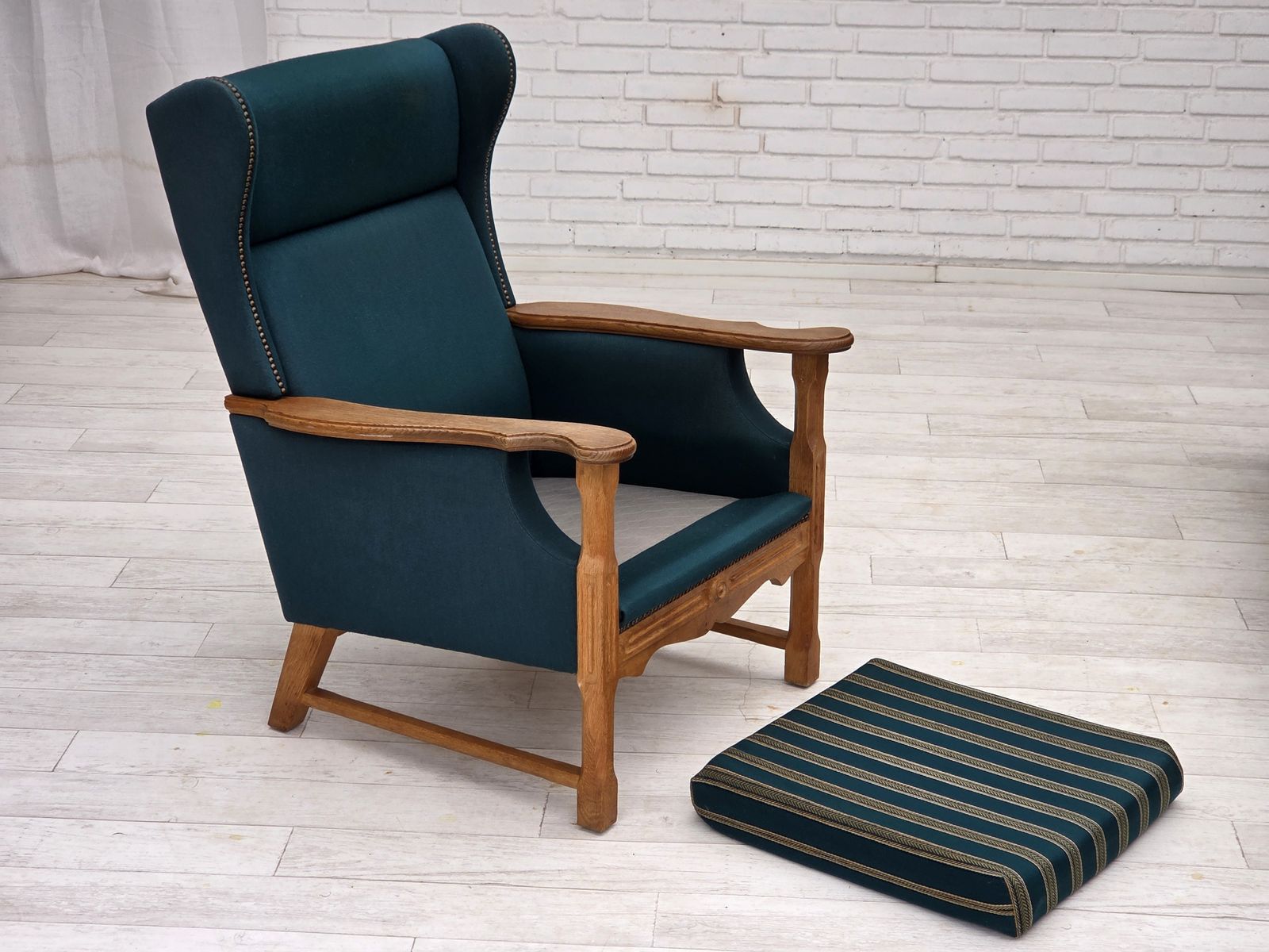 photo for sale 1970s, Danish Highback Armchair, Turkis Green Furniture Wool, Solid Oak Wood.