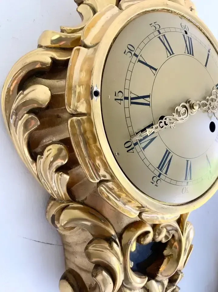 Vintage Gild Wall Clock Gild Carved Rococo Syle 1960s photo 185.0