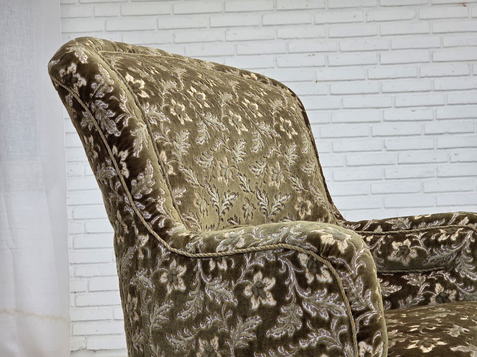 photo furniture 1950s, Danish Armchair, Green Furniture Velour, Ash Wood Legs.