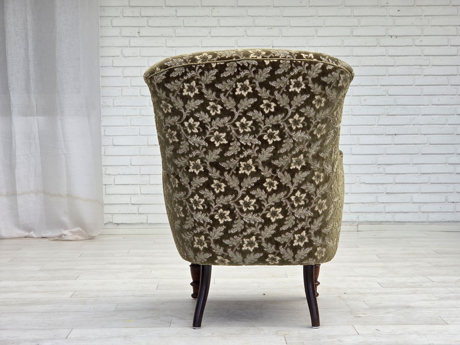 photo buy 1950s, Danish Armchair, Green Furniture Velour, Ash Wood Legs.