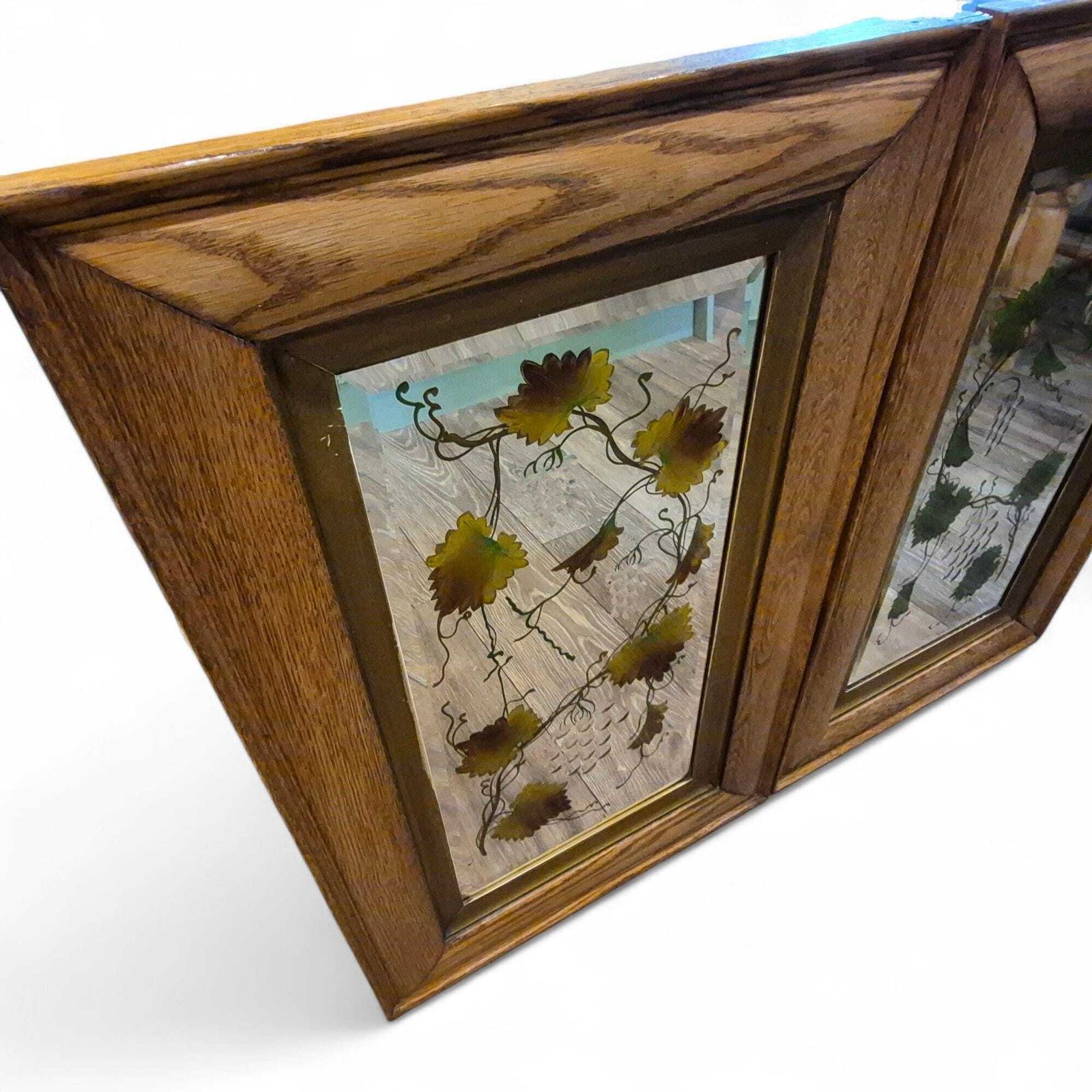 Antique Victorian Reverse Painted Mirror – Oak Frame Vine Design, Decorative Wall Mirror, 19th Century Home Decor photo 235.0