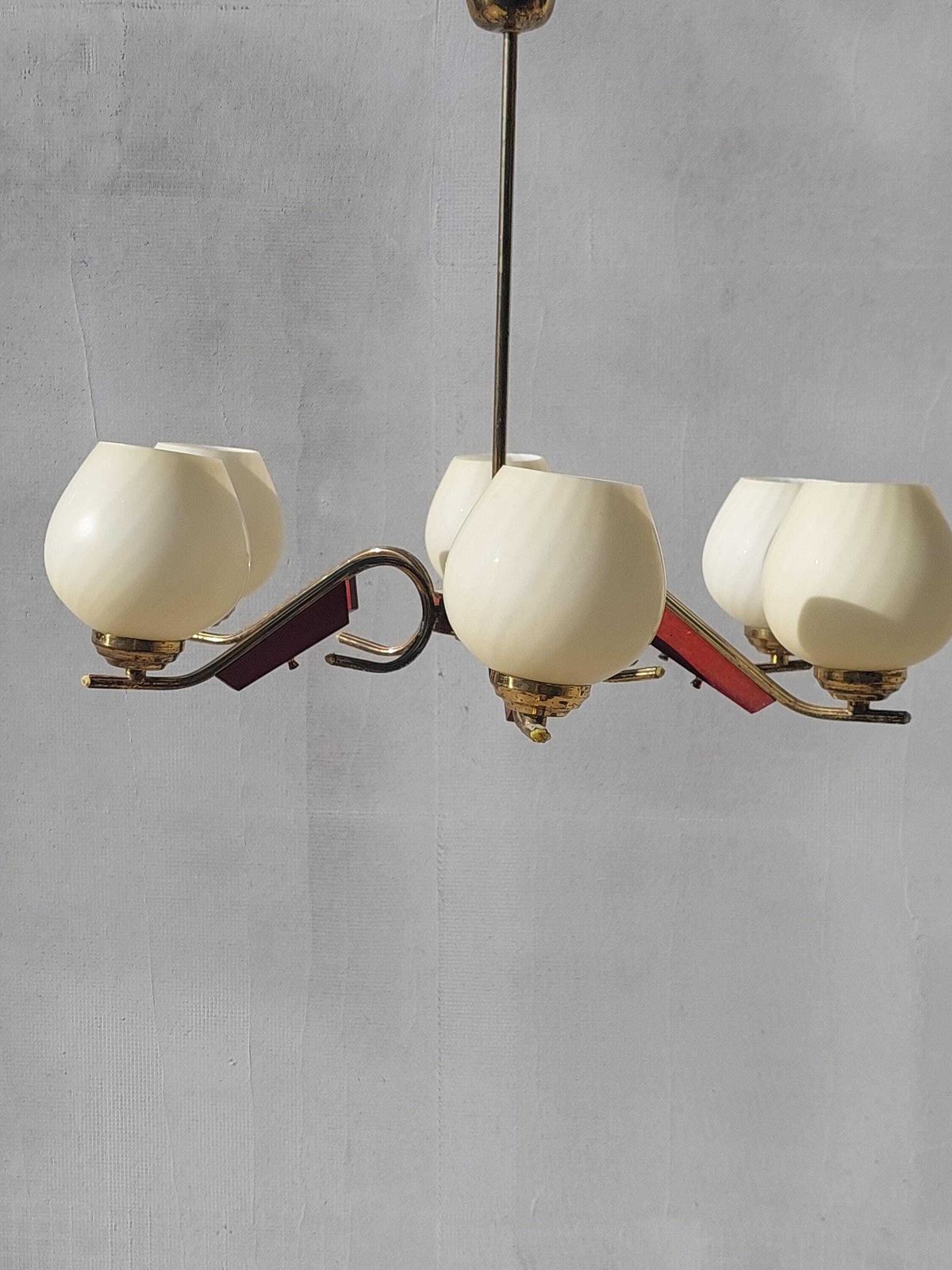 Mid Century Brass Chandelier, 6 Arm Cream Glass Ceiling Light, Vintage Wood & Brass Pendant Lamp, Retro Lighting Fixture photo 525.0