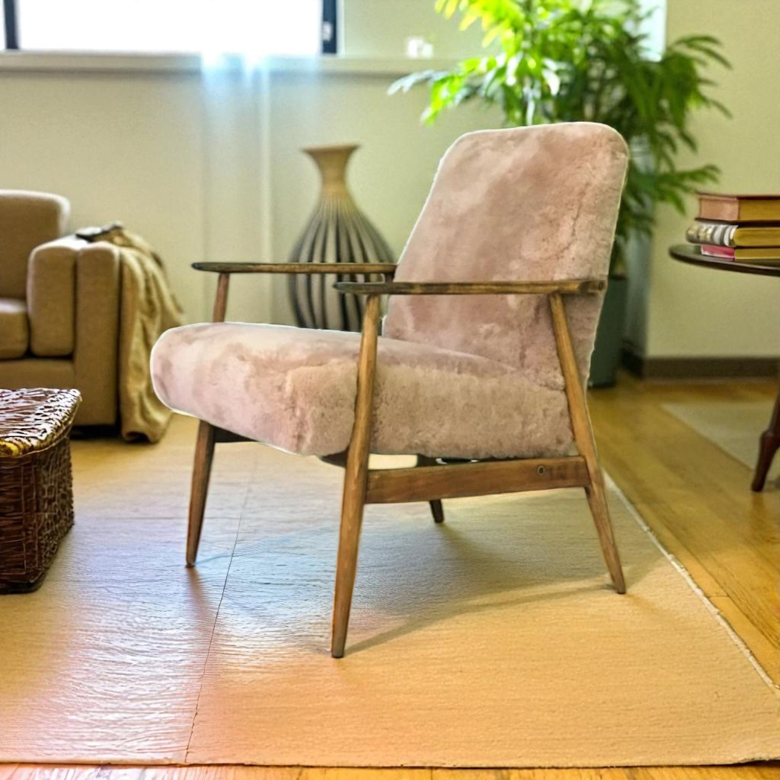 Vintage  Brown Fluffy Furry Sheepskin Bentwood Armchair Chair