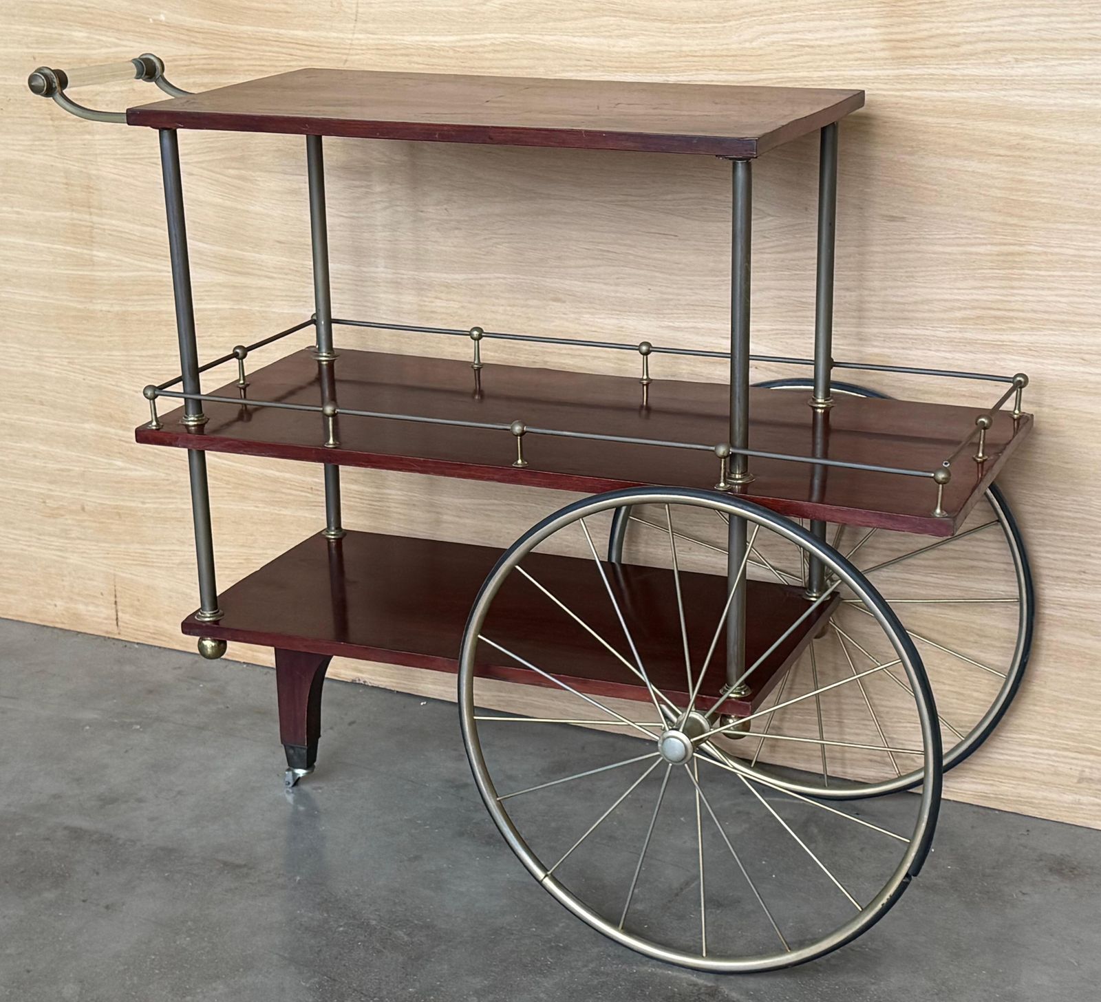 Mid Century Mahogany Wood And Brass Italian Serving Bar Cart, 1960s. Three Level photo 2104.0