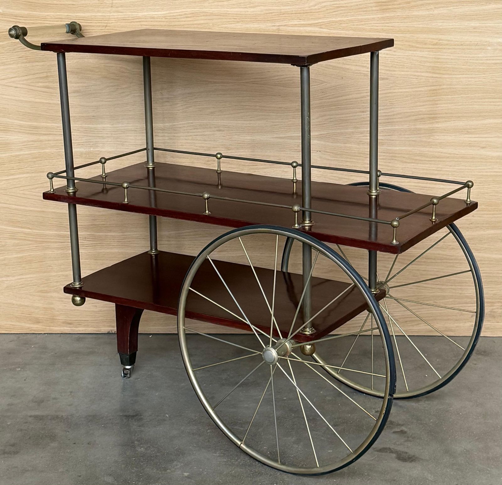 Mid Century Mahogany Wood And Brass Italian Serving Bar Cart, 1960s. Three Level photo buy
