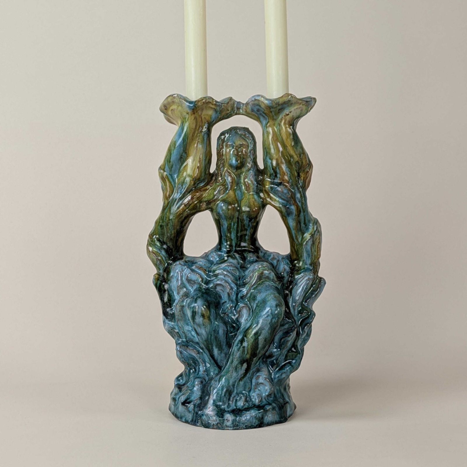 Figural French Candelabra, Glazed Red Earthenware Turquoise And Ochre Drip Glaze Candlestick Holder photo furniture