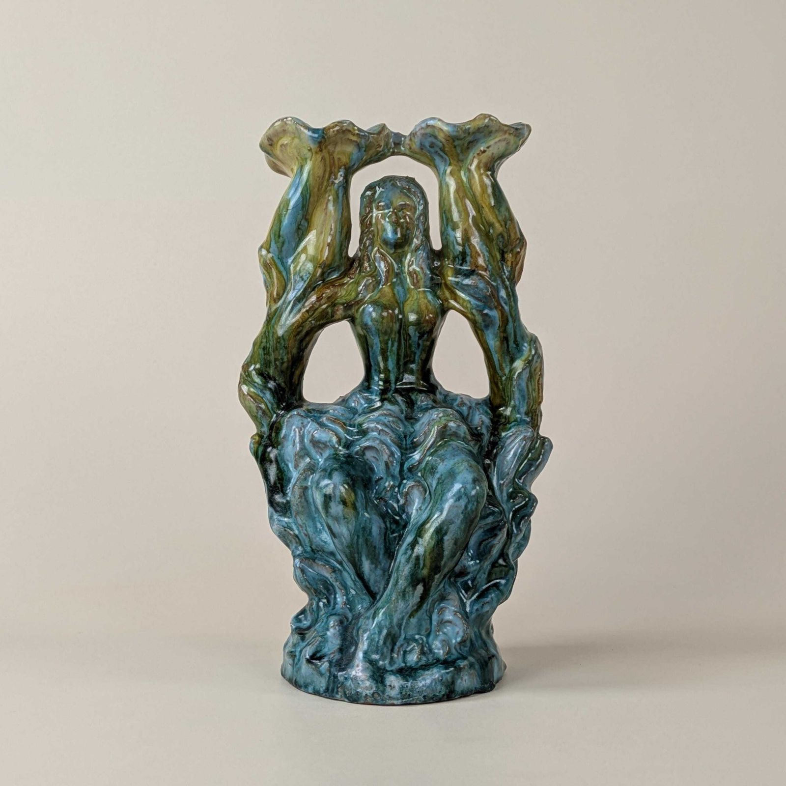 Figural French Candelabra, Glazed Red Earthenware Turquoise And Ochre Drip Glaze Candlestick Holder photo vinterior