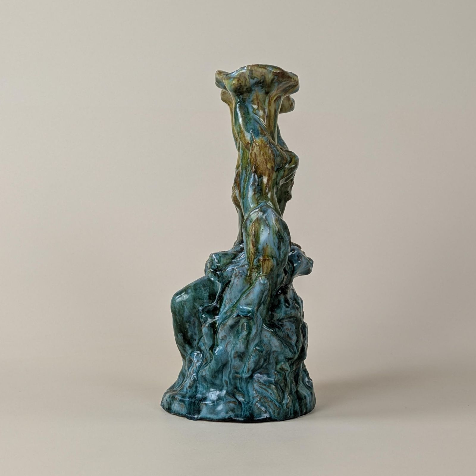 Figural French Candelabra, Glazed Red Earthenware Turquoise And Ochre Drip Glaze Candlestick Holder photo vintage