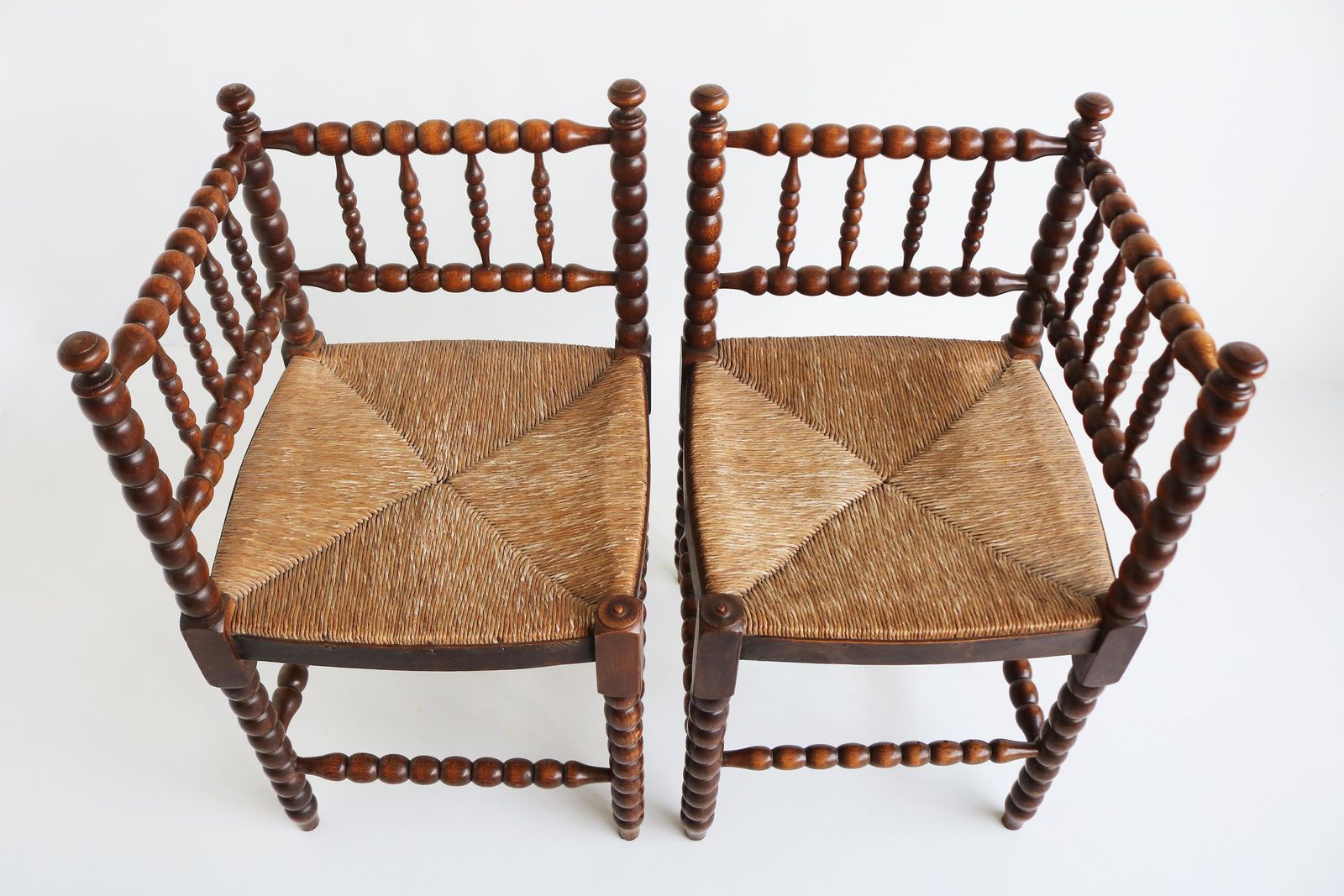 Typical Dutch Pair Antique Rush Seat Oak Corner Bobbin Side Knitting Chairs 1900 photo furniture