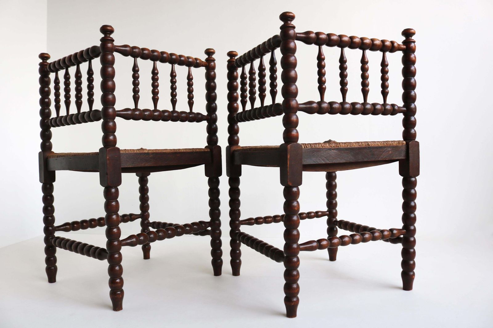 photo buy Typical Dutch Pair Antique Rush Seat Oak Corner Bobbin Side Knitting Chairs 1900