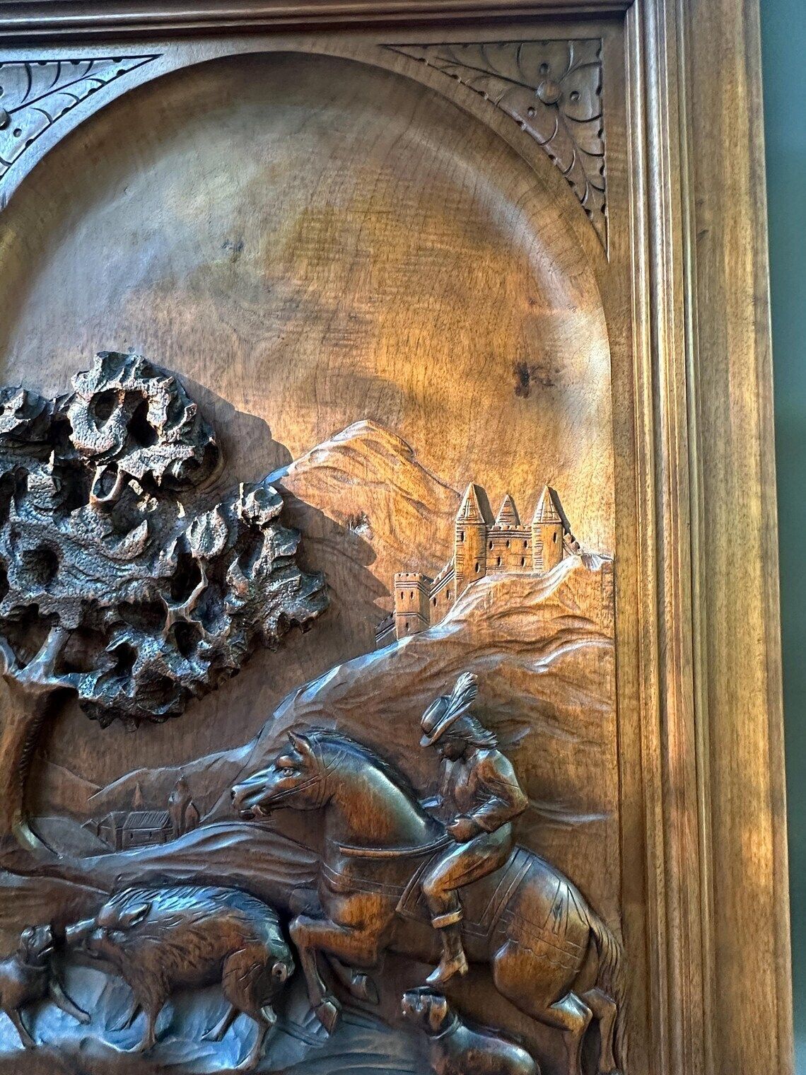 19th French Carved Walnut Door Hunting Scene Bas Relief With Horse Dogs And Boars Antique Wood Panel Architectural Art photo Art