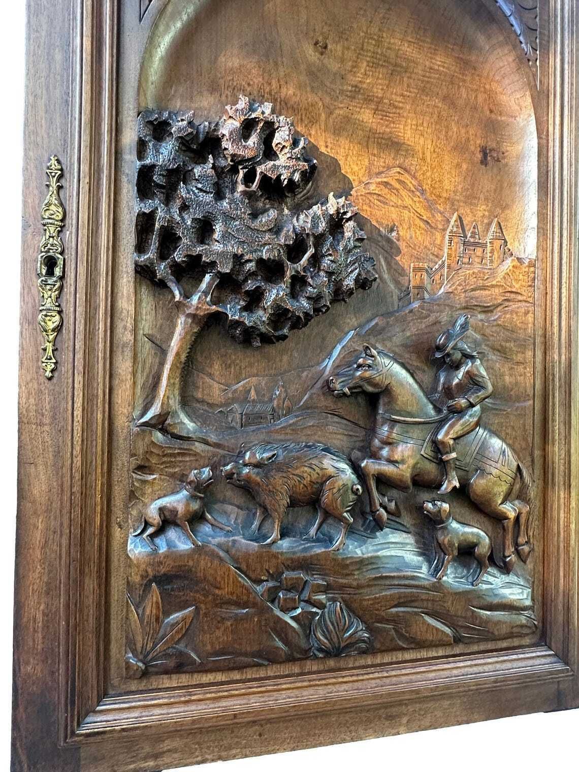 19th French Carved Walnut Door Hunting Scene Bas Relief With Horse Dogs And Boars Antique Wood Panel Architectural Art photo vinterior