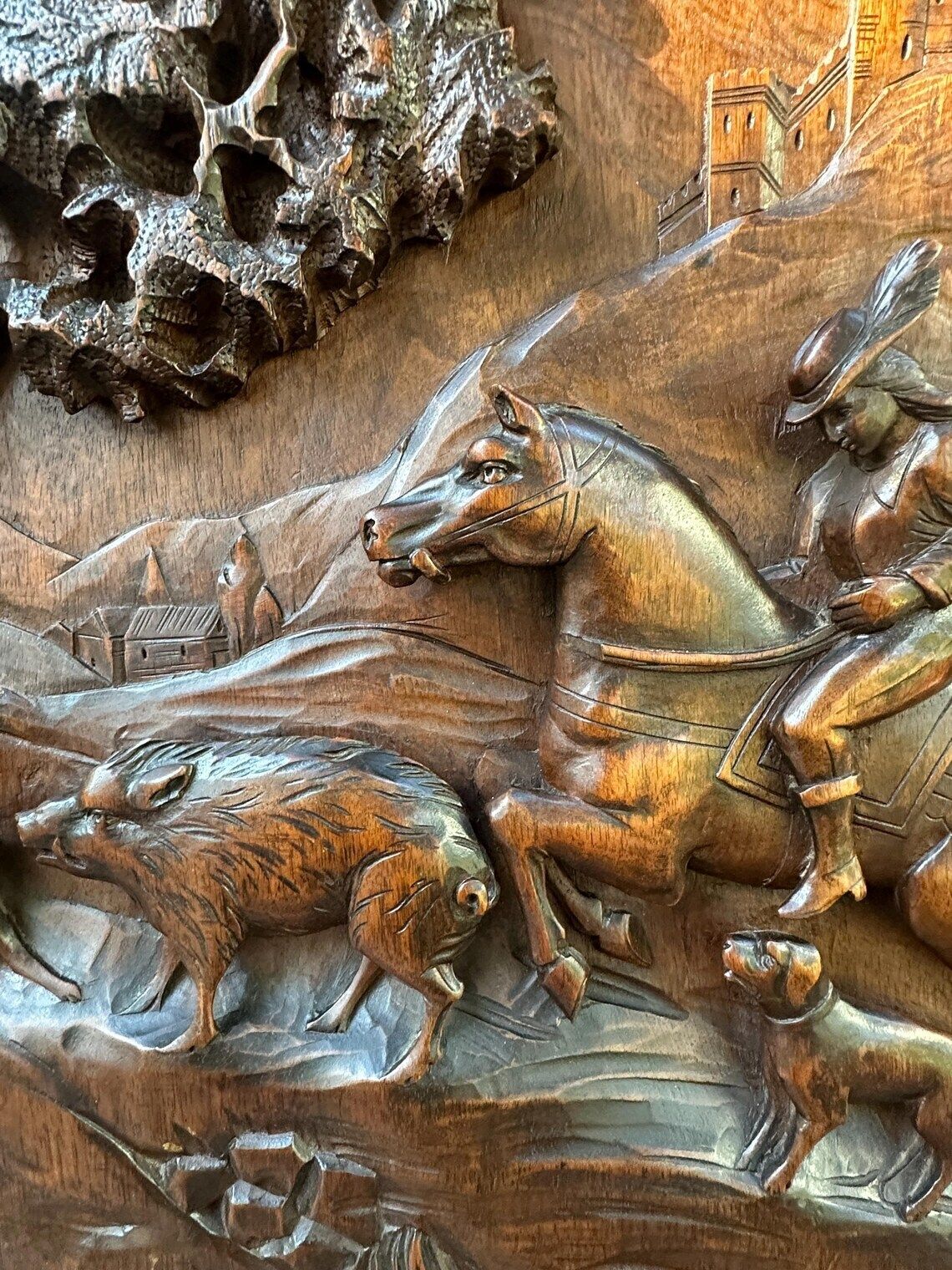 19th French Carved Walnut Door Hunting Scene Bas Relief With Horse Dogs And Boars Antique Wood Panel Architectural Art photo buy