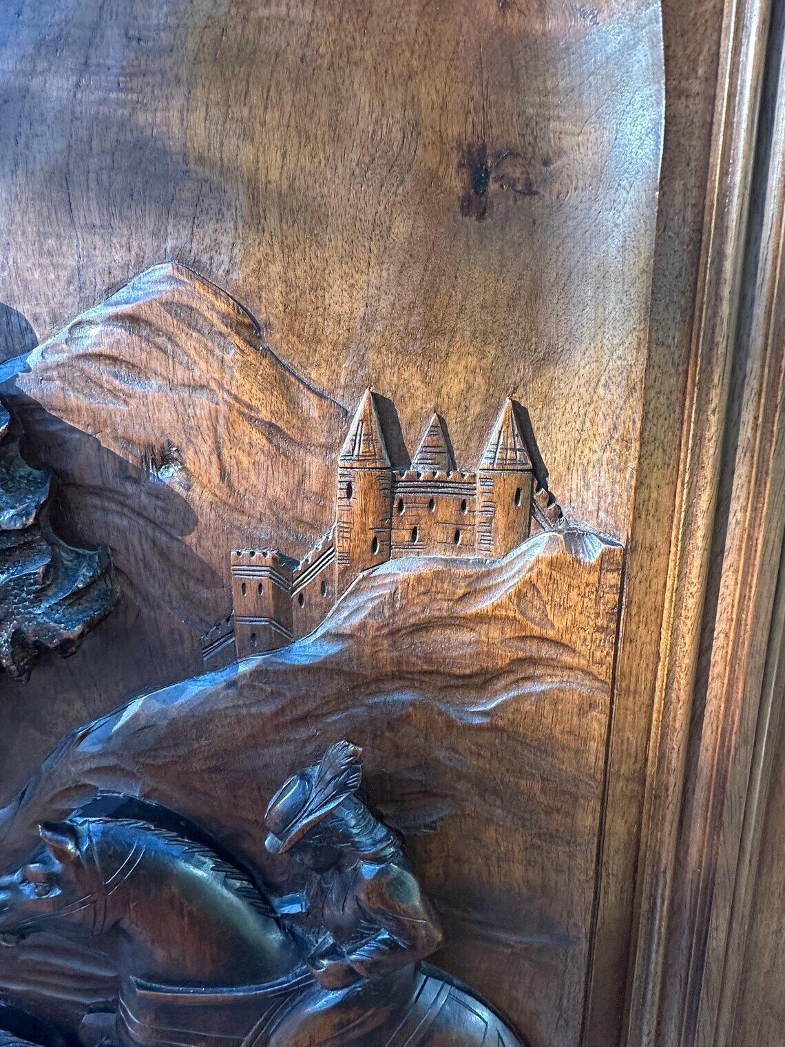 19th French Carved Walnut Door Hunting Scene Bas Relief With Horse Dogs And Boars Antique Wood Panel Architectural Art photo vintage