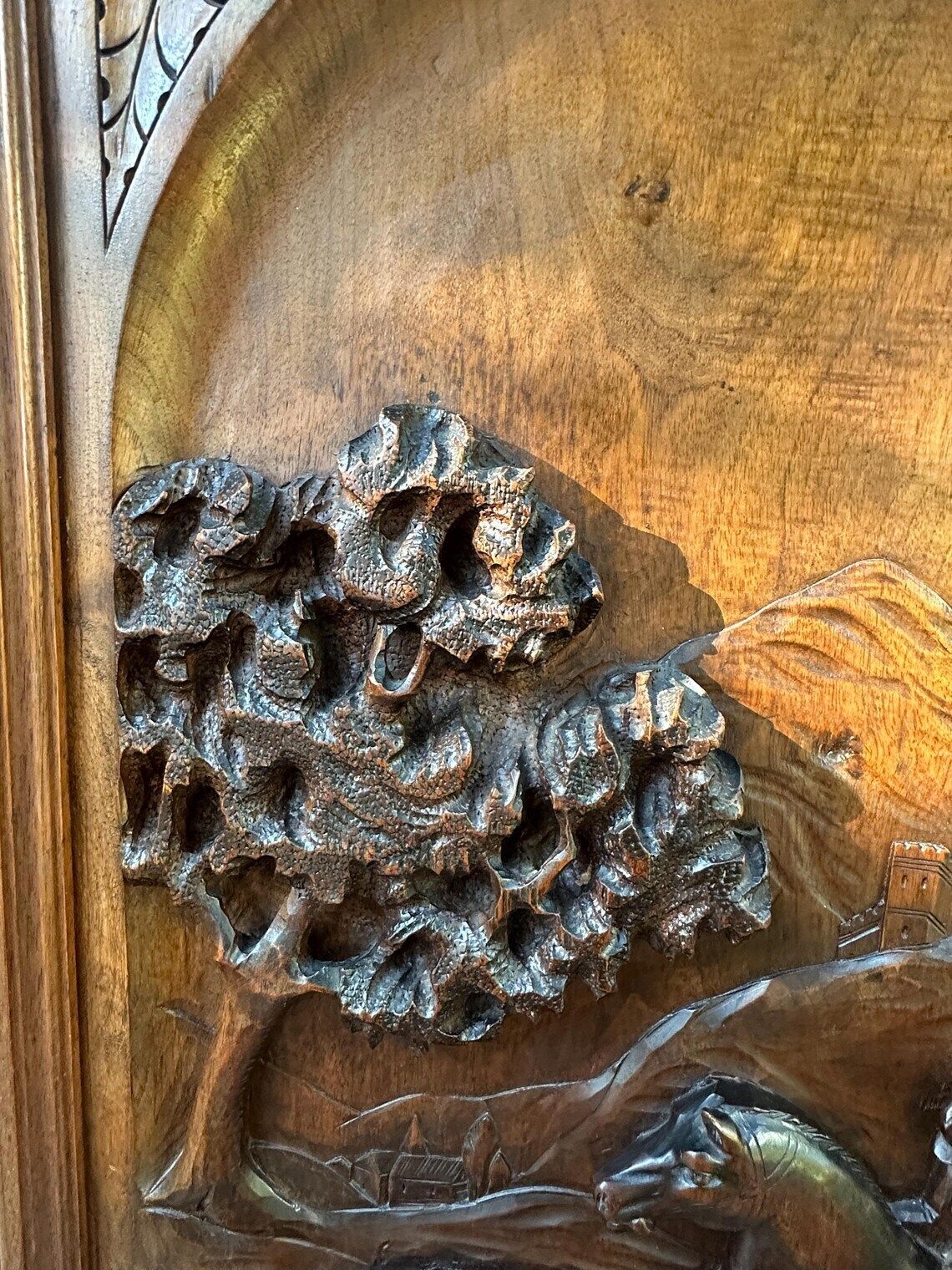 photo furniture 19th French Carved Walnut Door Hunting Scene Bas Relief With Horse Dogs And Boars Antique Wood Panel Architectural Art