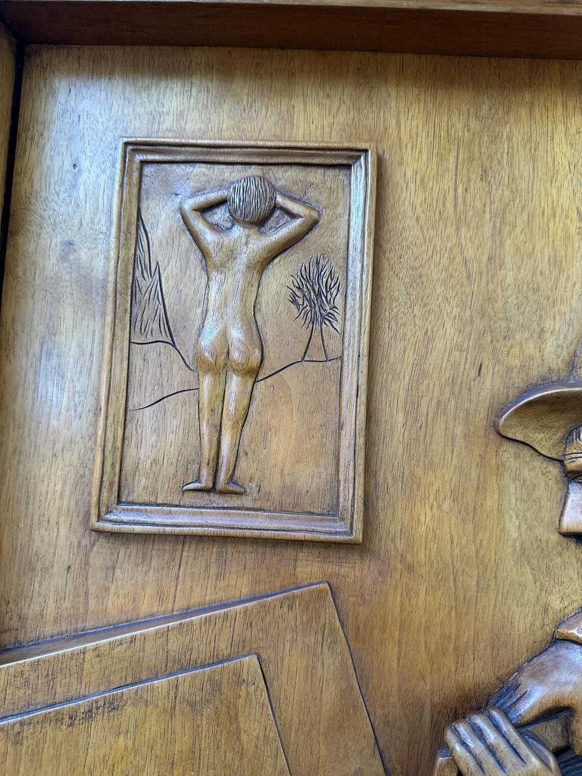 French Wood Relief Sculpture Signed Remy French Carved Walnut Panel Artist At Work 1950s–1960s Architectural Art photo Art
