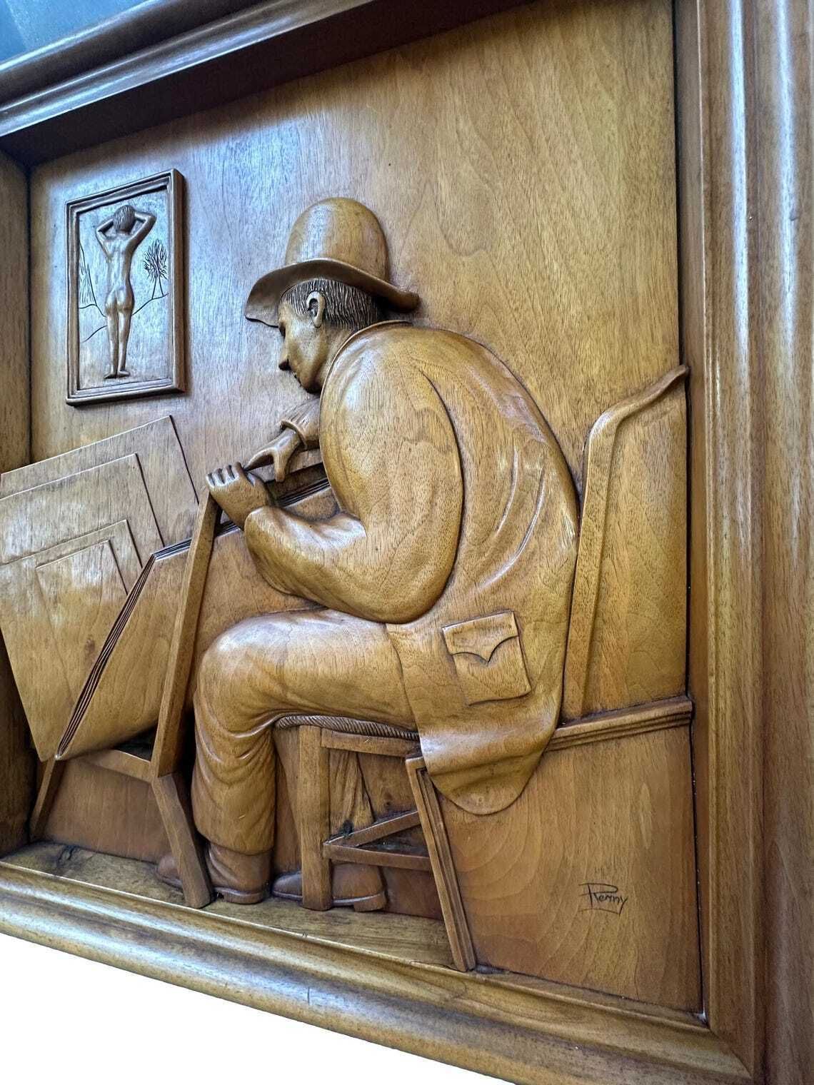 French Wood Relief Sculpture Signed Remy French Carved Walnut Panel Artist At Work 1950s–1960s Architectural Art photo buy