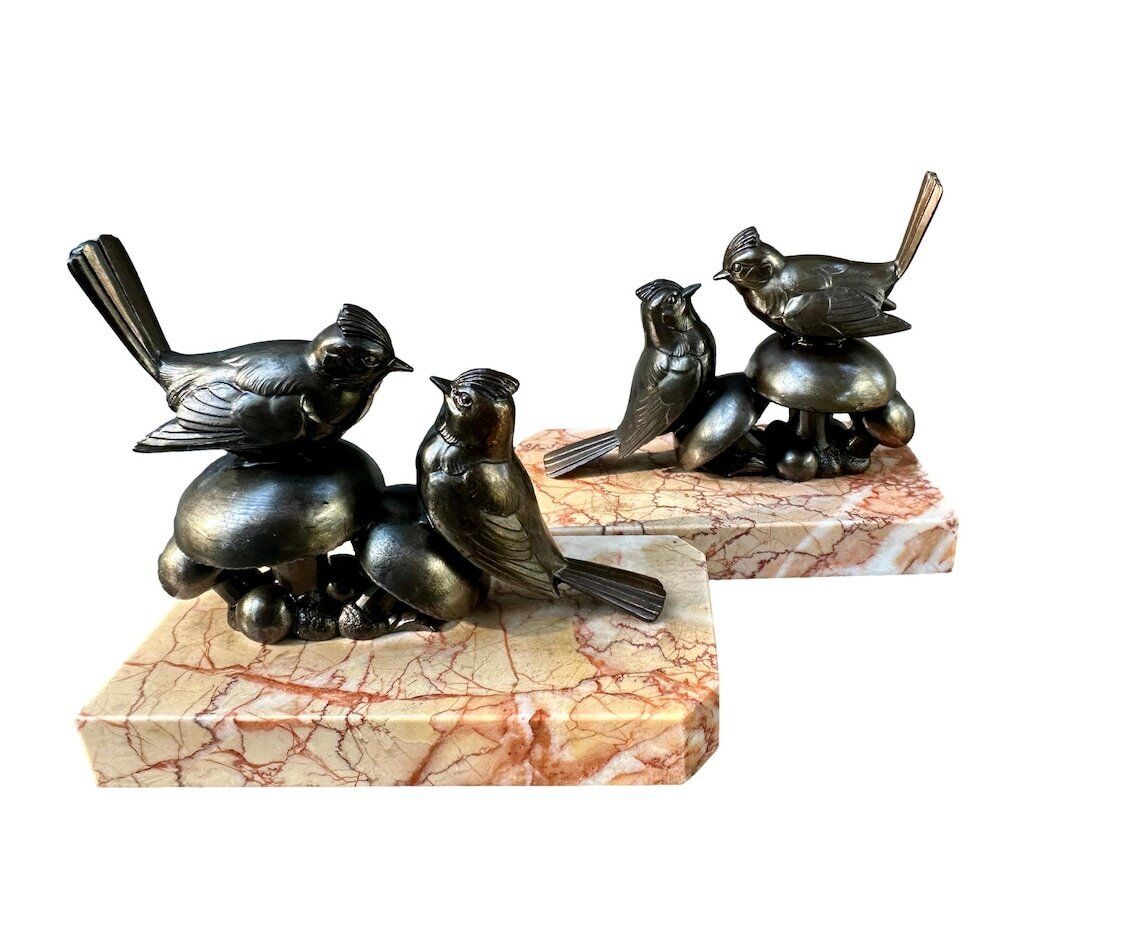 Art Deco Bird Bookends 1930, French Spelter And Marble Bookends Birds On Mushrooms Figurines Gift For Her photo vintage