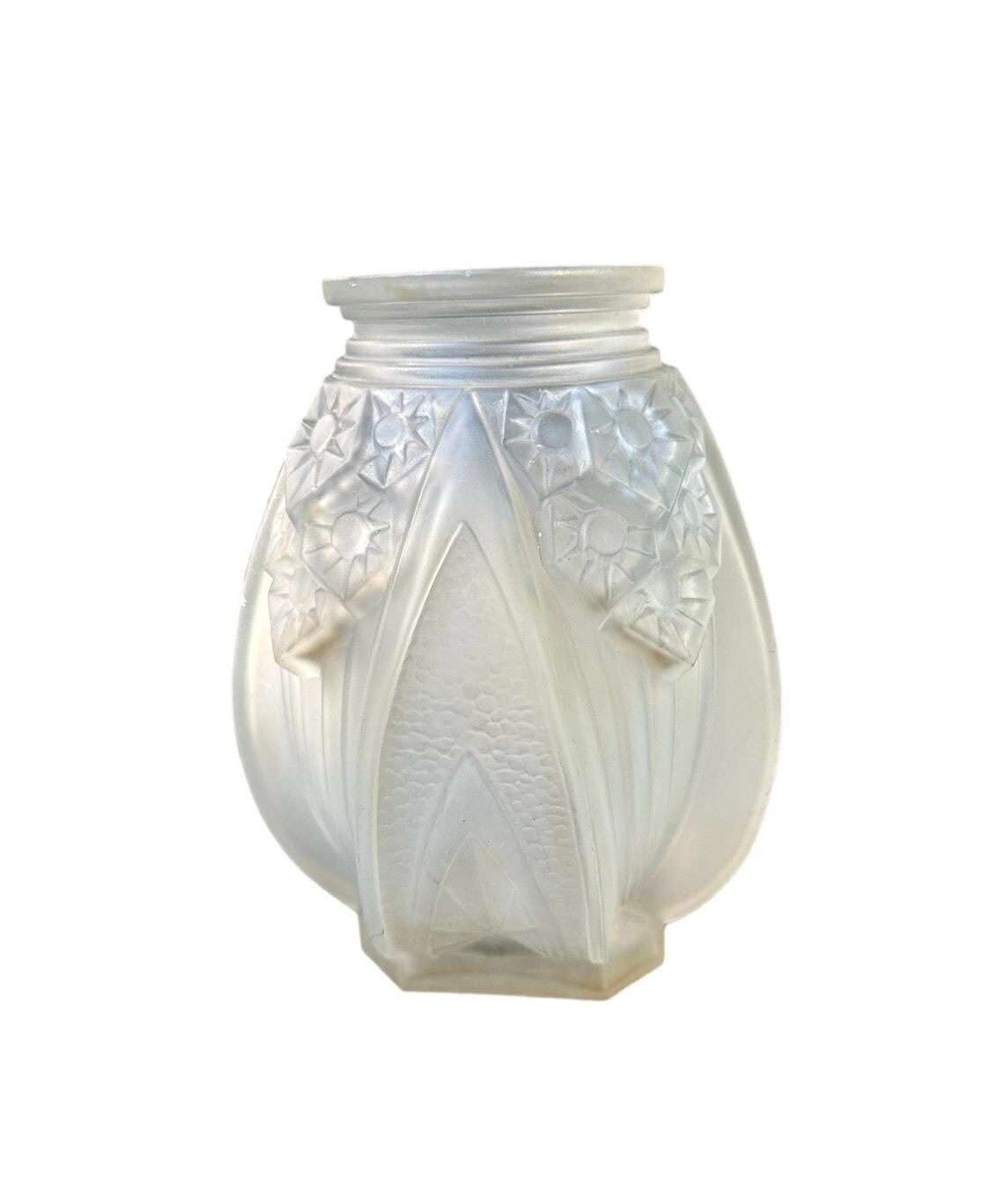 Art Deco Glass Vase Signed Muller Frères French Molded Pressed Glass Circa 1930 Frosted Geometric Design Gift For Her photo furniture