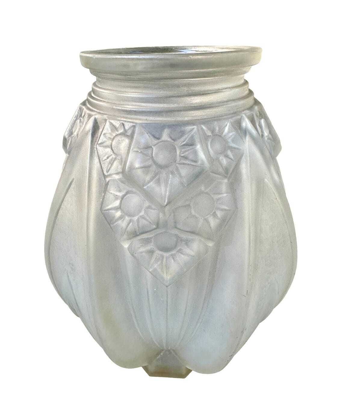 Art Deco Glass Vase Signed Muller Frères French Molded Pressed Glass Circa 1930 Frosted Geometric Design Gift For Her photo for sale