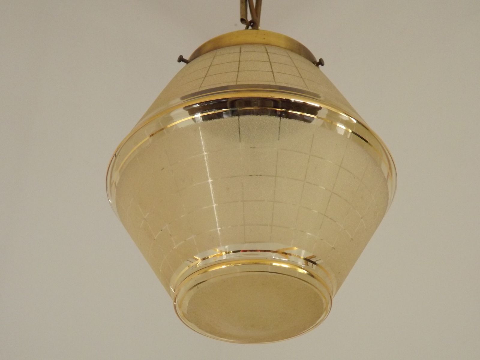 French Yellow & Gold Art Deco Glass Shade Ceiling Light With Brass Fittings photo 145.0