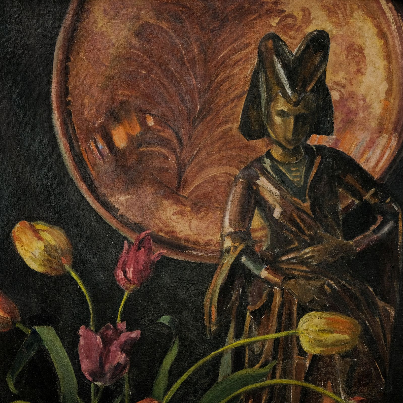 Carved Figure And Tulips 1950, 1950s photo for sale