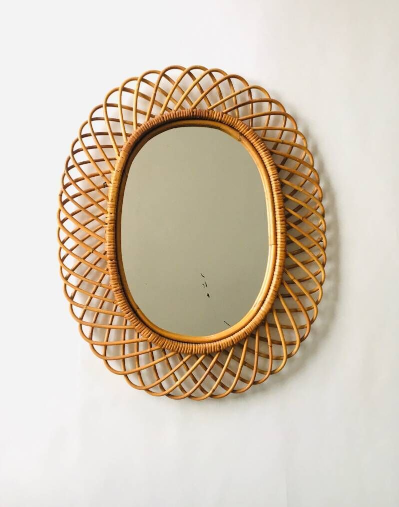 photo furniture Midcentury Modern Boho Design Bamboo Oval Mirror By Franco Albini For Bonacina, Italy 1960's