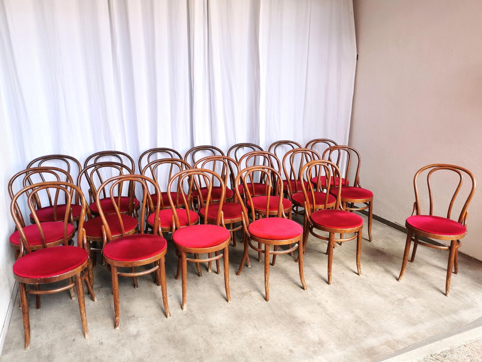 1 Of 20 Vintage Bentwood Dining Chairs Set: 1970s Thonet Style, Red Upholstery