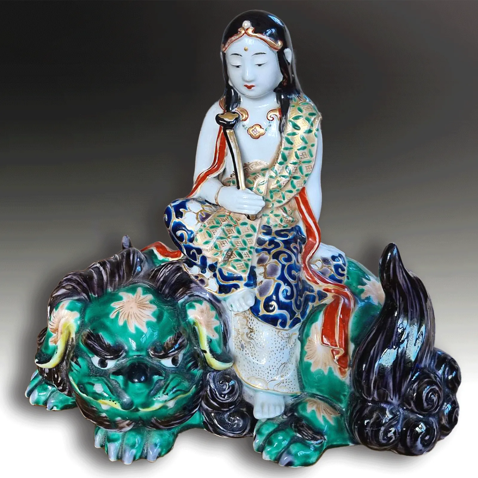 Japanese Meiji Period Kutani "Kannon On Shishi" Exceptionally Decorated 21cm W