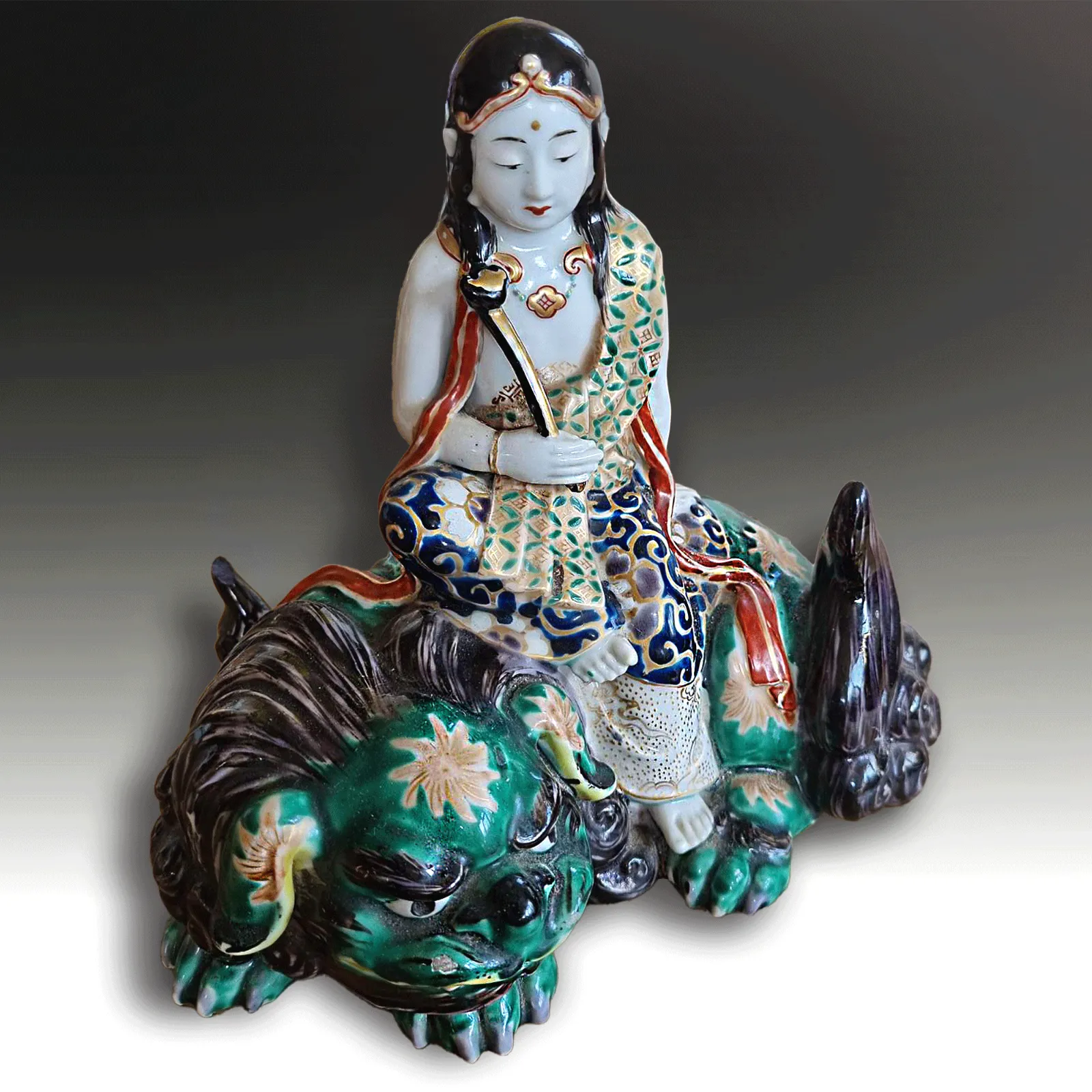Japanese Meiji Period Kutani "Kannon On Shishi" Exceptionally Decorated 21cm W photo Home Decor