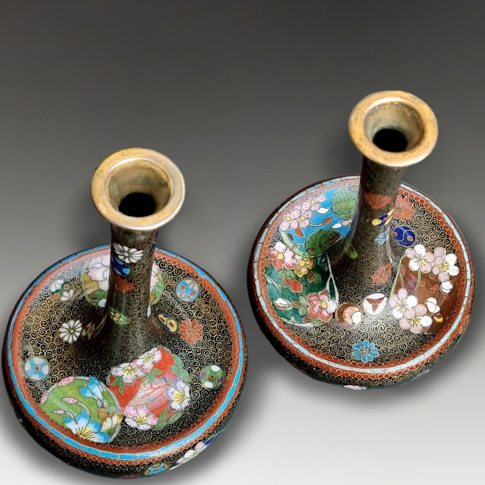 Japanese Cloisonne Pr Incense Vases Attrib. Takahara Komajiro  Meiji 19thc 12cm photo for sale