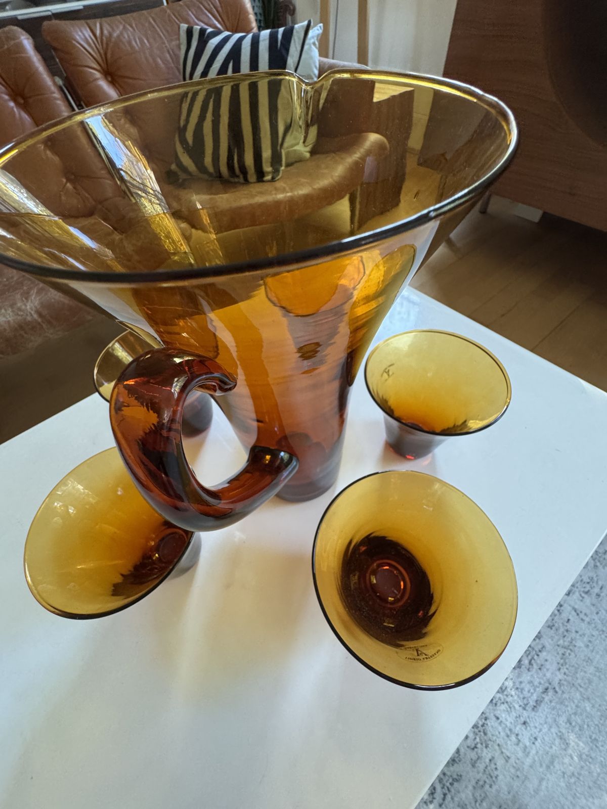 Vintage 1950's Amber Hand Blown Glass Pitcher And Glasses Set photo vintage